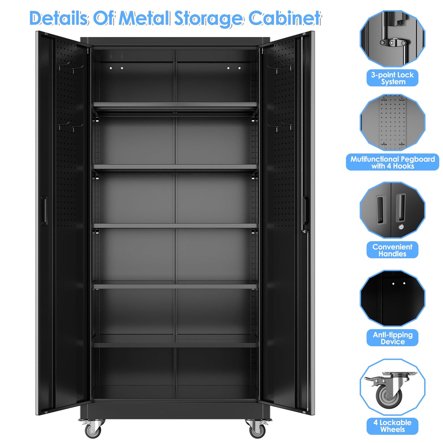 Reemoon Metal Storage Cabinet with Wheels and Pegboard, 71" Tall Garage Storage Cabinet with 5 Adjustable Shelves and Locking Doors, Heavy Duty Steel Utility Cabinet for Office