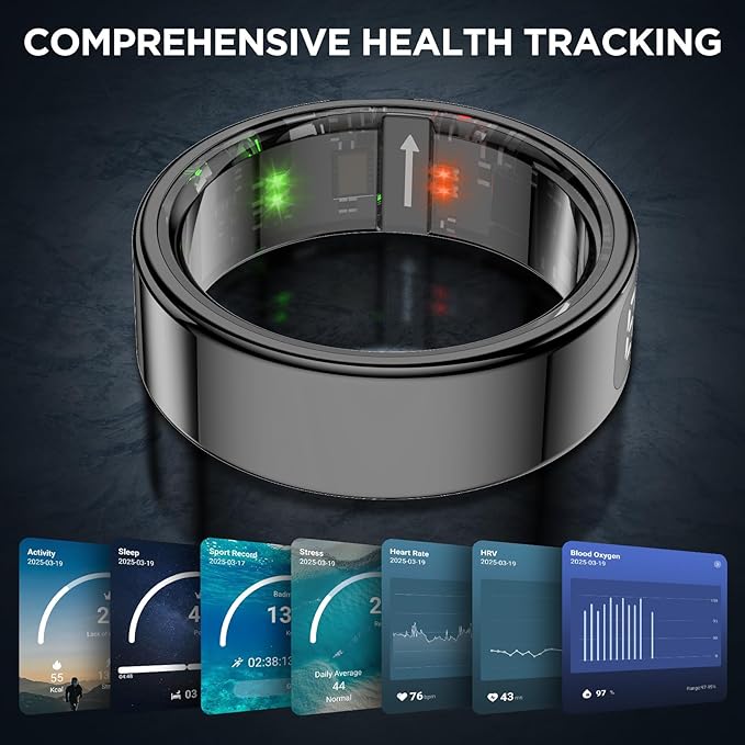 Smart Rings for Men with Display Screen, Fitness Ring with Wireless Charging, Sleep Tracker Ring with Heart Rate, Health Rings for Activity Monitoring/Steps/Calories, for iOS Android (Black,10#)