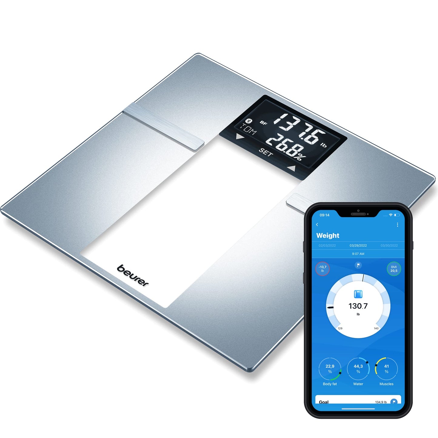 Beurer BF720 Smart Scale for Body Weight, Body Fat, Body Water & More – 400 lb Capacity, Bluetooth App, Calorie Data, User Recognition, XL LCD Display, Glass Digital Bathroom Scale – Grey