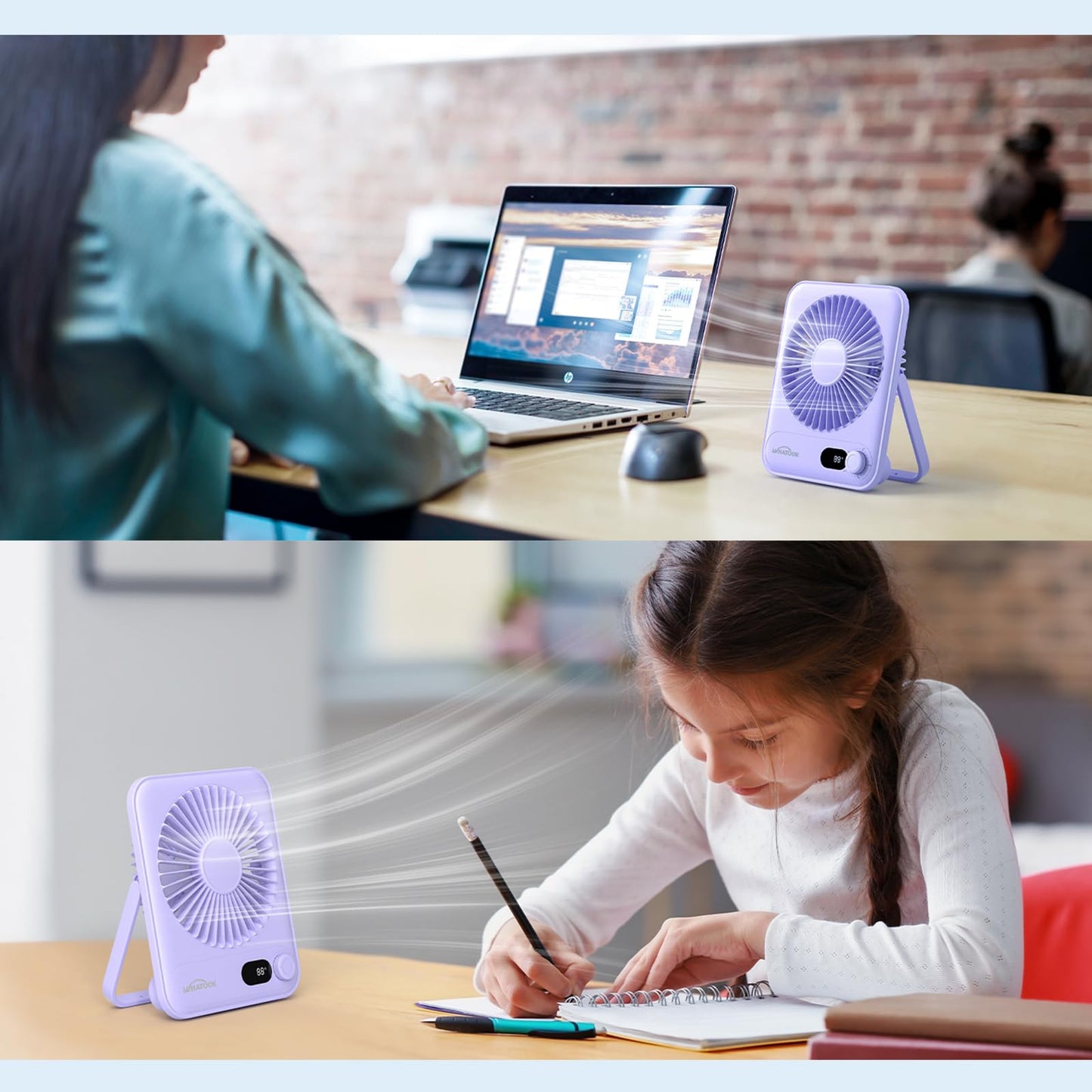 WHATOOK Desk Fan 2 Pack: 100 Speeds Stepless Control 2000mAh Battery Operated Portable Fan, Rechargeable Table Fan for Cruise Ship Essentials, Gift for Couples, Dorm, Office, Bedroom(Black and Purple)