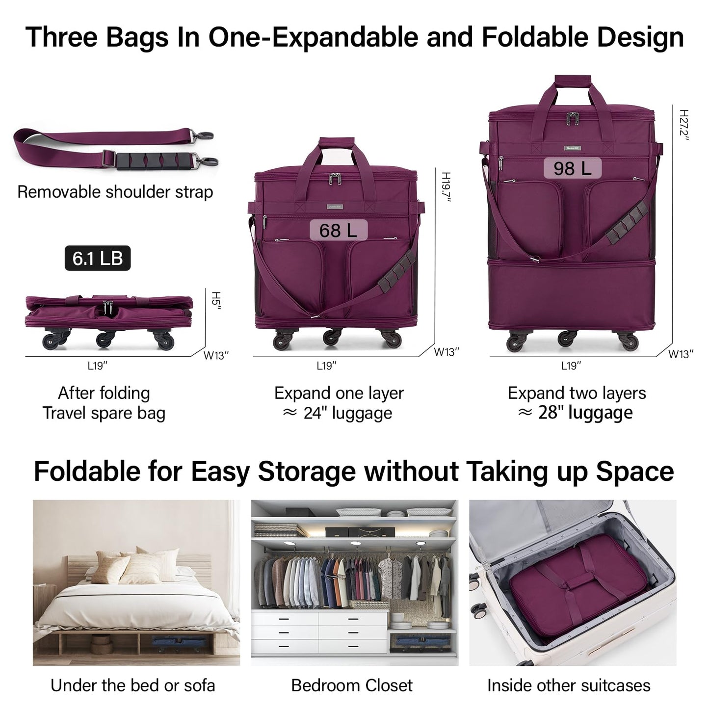 Hanke Expandable Large Suitcase 4 Wheels Lightweight Collapsible,Foldable Suitcases &Travel Bags Hand Luggage Extend 20/24/28 inch Suitcases Duffel Bag Without Telescopic Handle for Men & Women