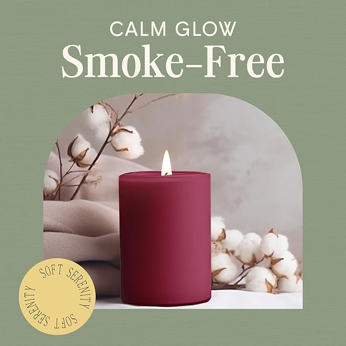 Mister Candle Dripless Unscented Pillar Candles, Set of 3 Hand Poured Solid Color Non-Scented Candles for Home Decor, Premium Wax, 60 Hr Burn Time - 3x4 Inch, Burgundy
