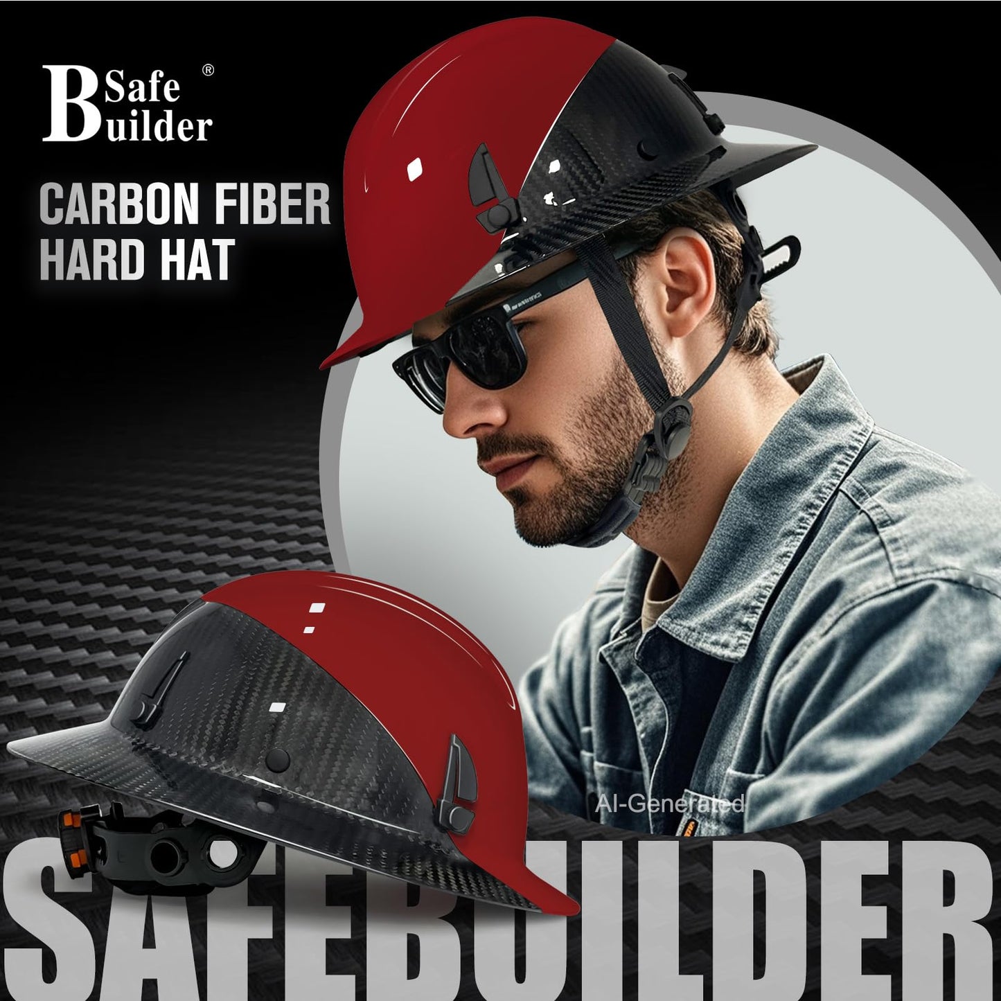 SAFEBUILDER Carbon Fiber Full Brim Hard Hats Made of Carbon Fiber Safety Helmet 6-Point Suspension ANSI Certified for Construction, Industrial, Outdoor Work (Carbon Fiber Hard Hats-A Red)