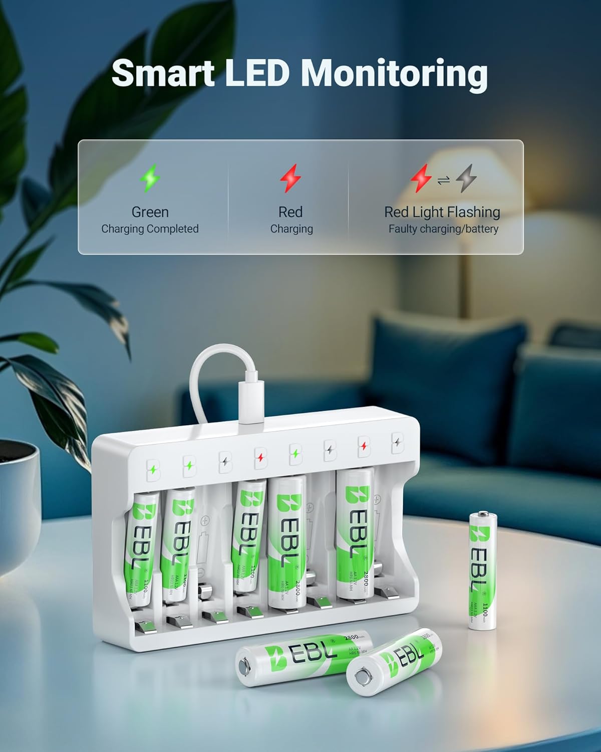EBL 2800mAh (4 Pack) 1100mAh (4 Pack) 8-Bay Rechargeable AA Batteries and AAA Ni-MH Rechargeable Batteries with AA AAA