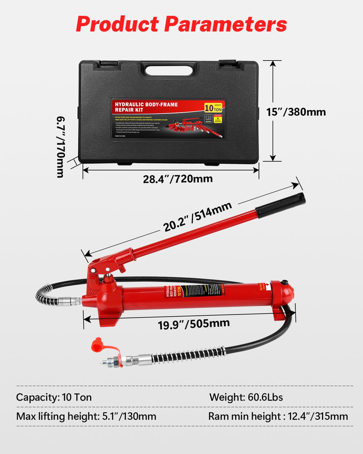 10 Ton Porta Power Hydraulic Jack Kit, 20000 LBS Heavy Duty Portable Hydraulic Ram Set with 17 Pcs Accessories & Carrying Case, for Auto Truck Farm Equipment Repair, Max Lift 5.1 Inch – Red