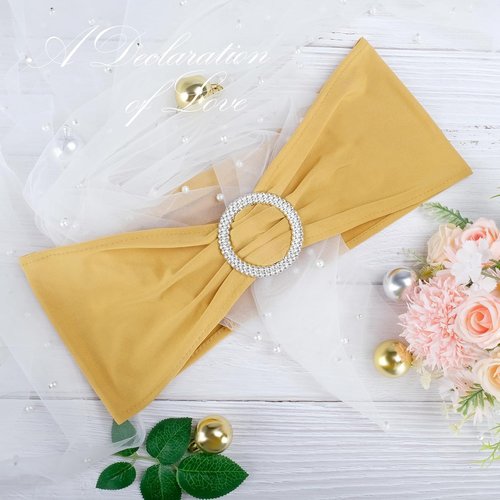 LEBENGURU Gold Spandex Chair Sashes - 50 Premium Stretch Bows with Buckle Slider for Weddings & Events