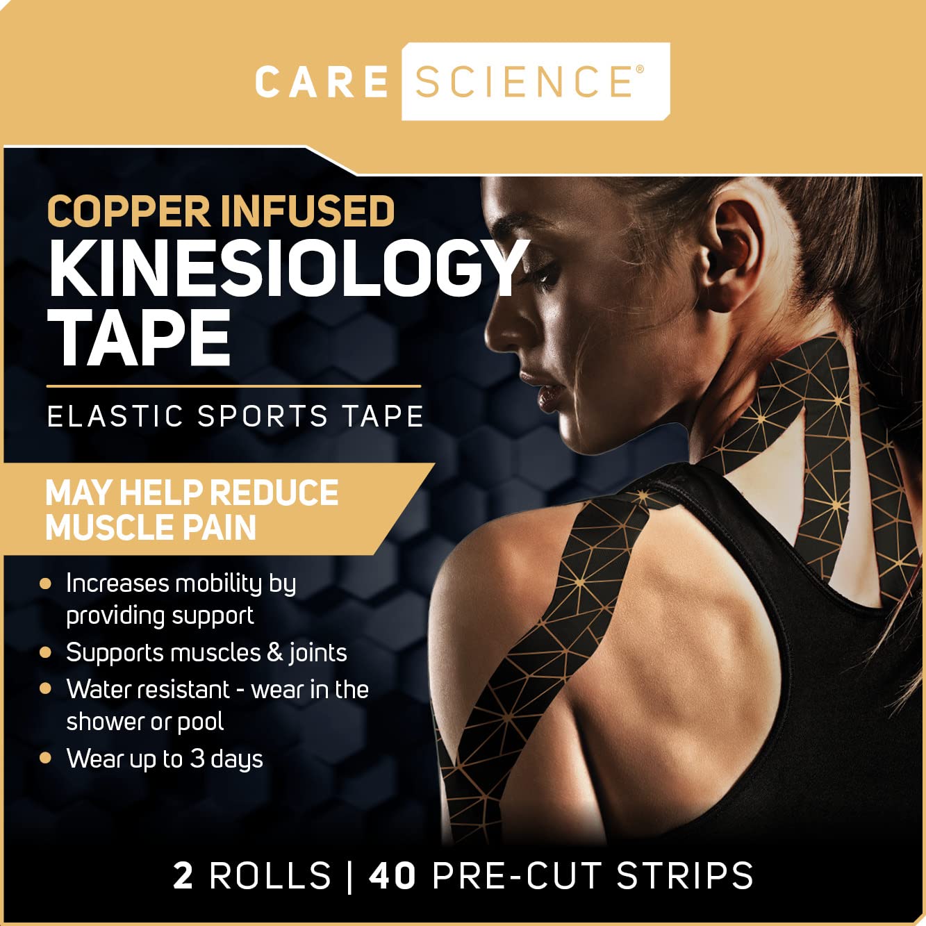 Care Science Waterproof Kinesiology Tape, 40 ct Precut Strips (2 Rolls), Copper Infused | Water Resistant Strips, Elastic Athletic Tape for Sports & Weightlifting, Muscle Strain Relief & Joint Support