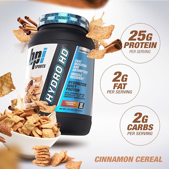 BPI Sports Hydro HD - 100% Hydrolyzed Whey Protein Powder - Muscle Growth, Recovery, 25g of Hydrolyzed Protein, Low Carb, Low Sugar, Fast Absorbing (68 Servings, Cinnamon Cereal)