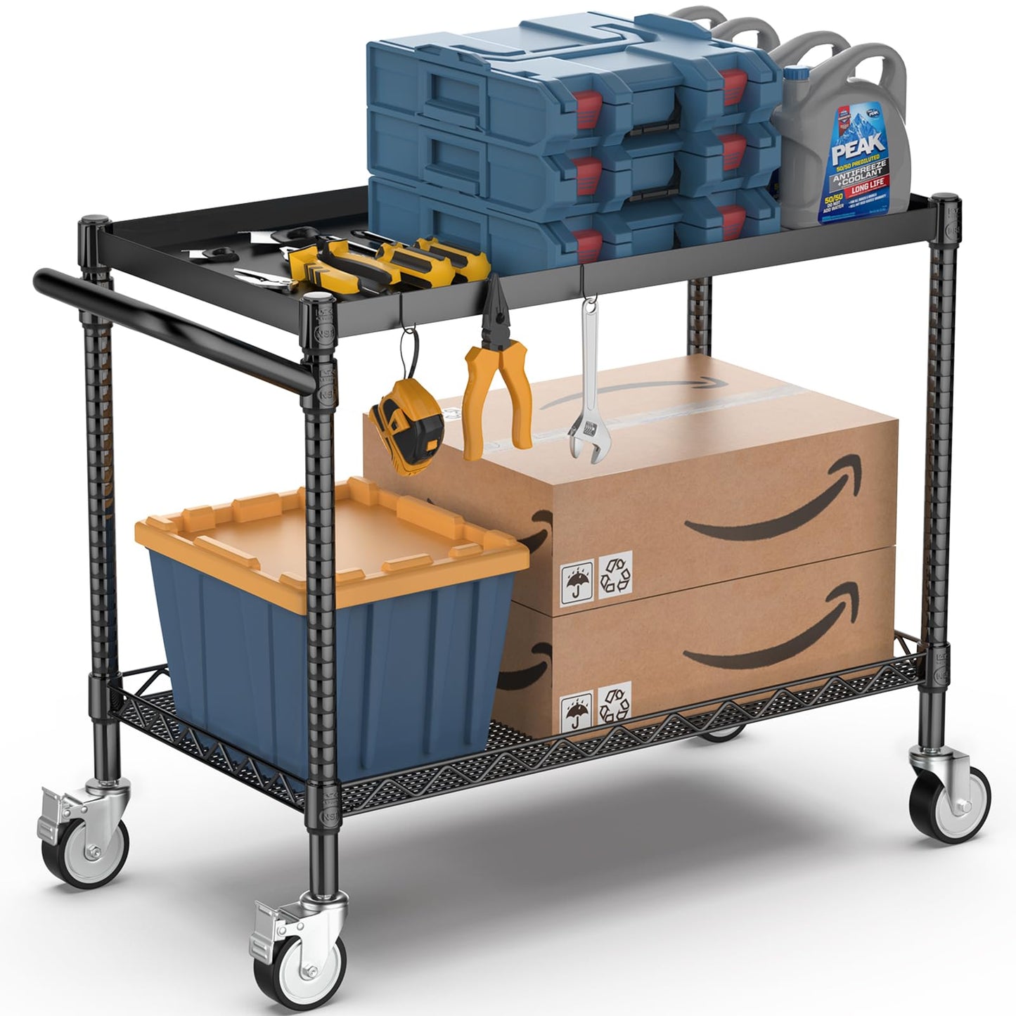 Leteuke 2 Tier Utility Tool Cart with Wheels, Heavy Duty Rolling Utility Carts with Handle, Commercial Grade Metal Serving Storage Cart for Warehouse Garage Kitchen, 25" D x 38.98" W x 40" H-Black