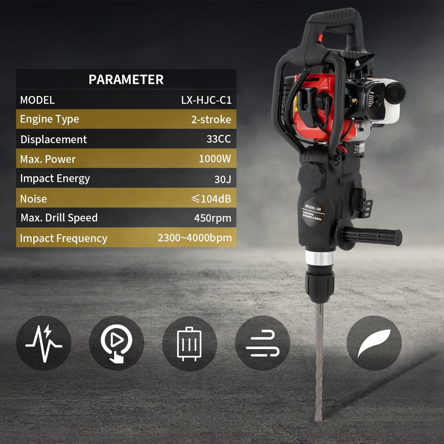 HANBENYTEX 32.6CC 2 Stroke Gas Powered Demolition Jack Hammer,3-in-1 Gasoline Hammer Drilling Machine Breaker Punch Drill Chisels Heavy Duty Gasoline Concrete Breaker Rock Drill for Crushing,Chiseling