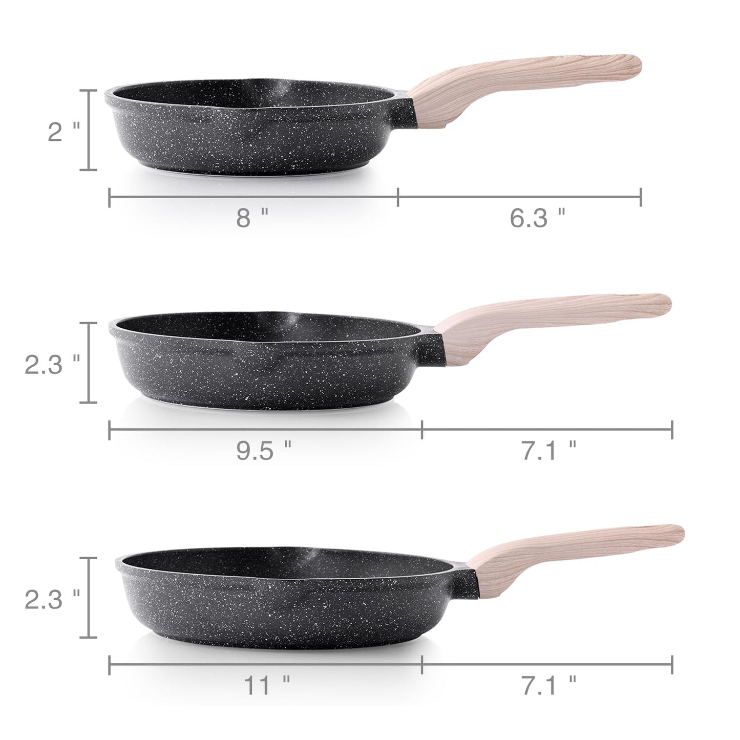 Kordisen Nonstick Frying Pan Set, 3 Piece Skillet Set, Healthy Induction Cooking Pan, Stay-Cool Handle, Compatible with All Stovetops, PFOA Free (8, 9.5, 11 Inch)