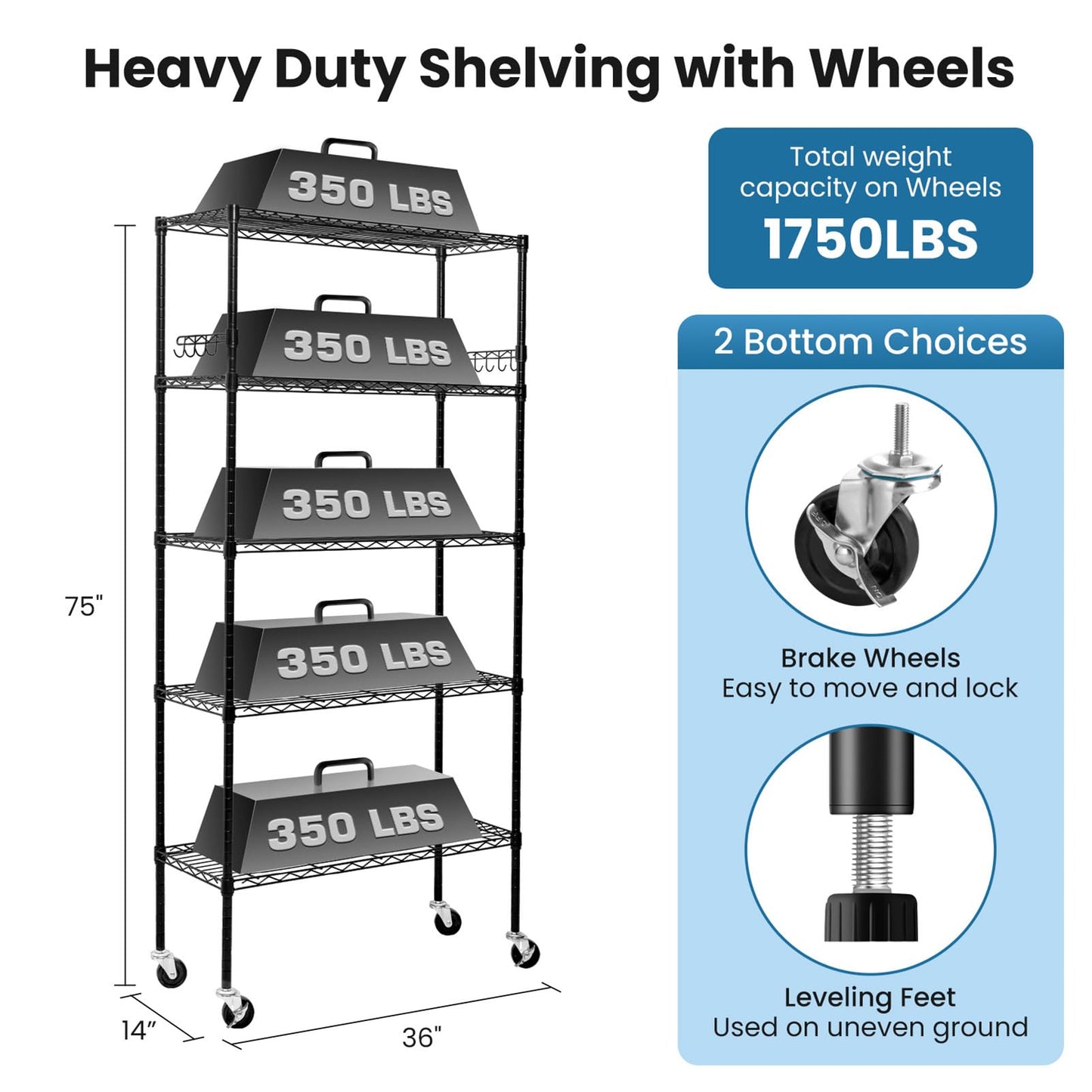 Storage Shelves 75"H Wire Shelving Unit with Wheels 1750LBS Heavy Duty Metal Shelves for Storage Adjustable 5-Tier Garage Storage Rack Kitchen Pantry Shelves Rolling Shelf on Casters, 14"D x36"W x75"H