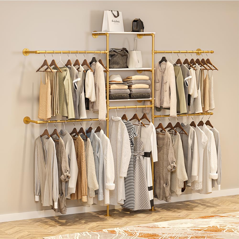 KaKaBB Heavy Duty Gold Pipe Clothing Rack - Wall Mounted Industrial Clothes Rack, DIY Corner Closet System with Shelves, Adjustable Walk-in Closet Organizer (GOLD, 94.5")