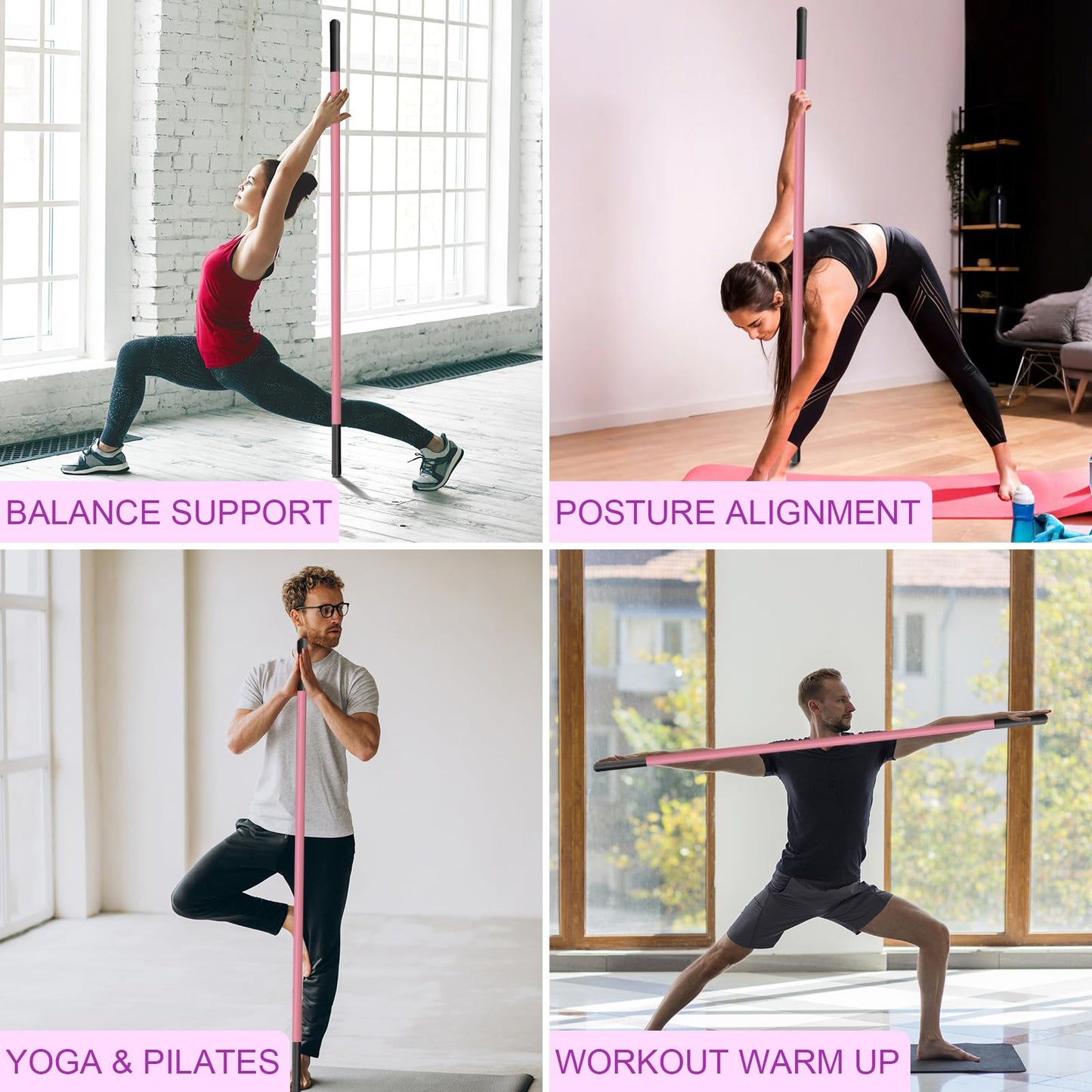 5ft Yoga Stick - Sturdy Steel Adjustable Stretching Stick for Mobility, Flexibility & Balance | Non-Slip Ends & Foam Handles | Exercise Pole for Fitness, Physical Therapy, Posture Correction Pink