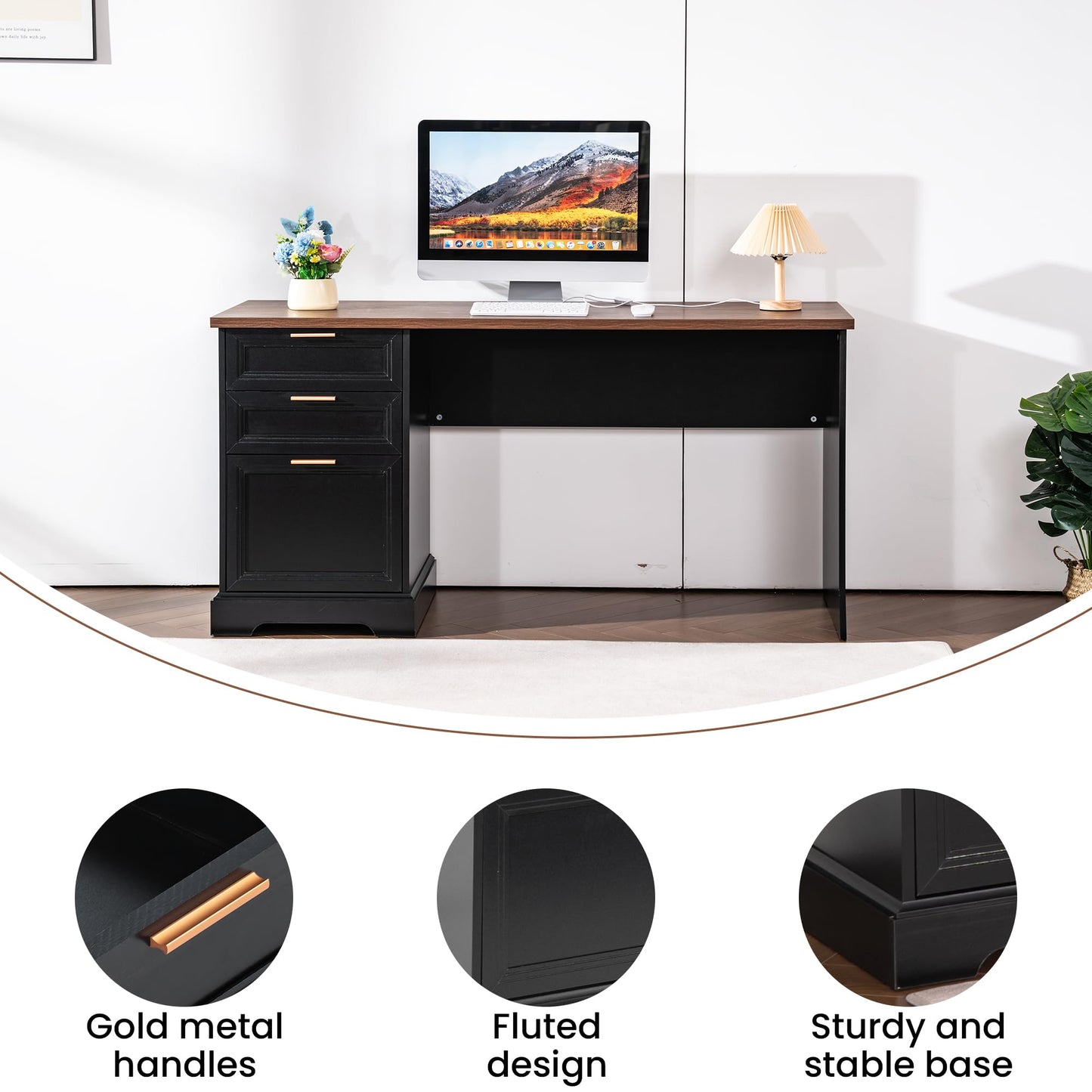 Zethvax 60" Farmhouse Executive Desk and 40" Mobile File Cabinet Combination,L Shaped Executive Desk with Charging Station,Home Office Desk for Office Work,Home Study