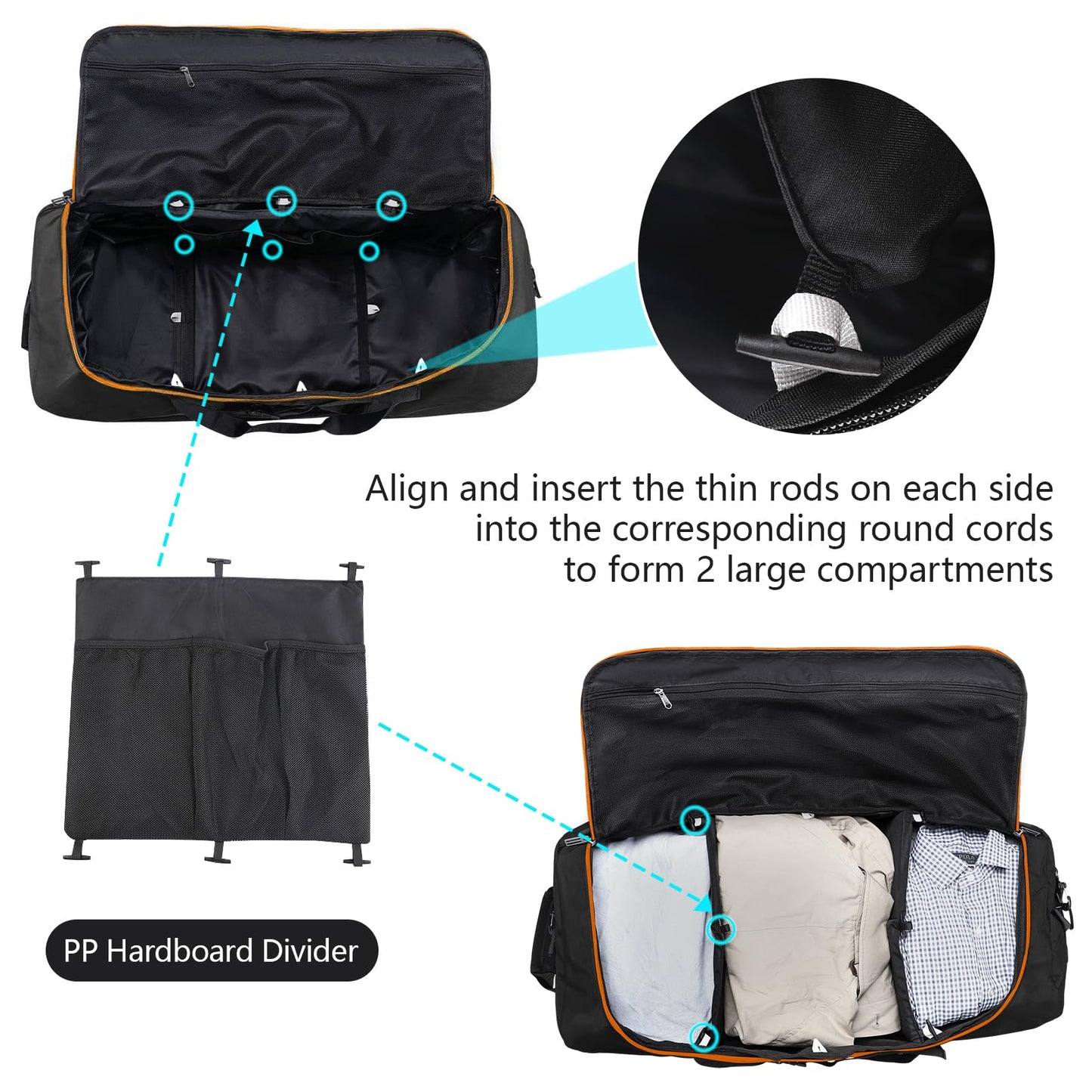 Vrtisa 110L Expandable to 140L 32” Foldable Oxford Soft-Sided Rolling Duffle Bag with 2 Heavy-Duty Wheels,2 Large Compartments,Adjustable Shoulder Strap and Attached Organizer Pouch,Black Orange