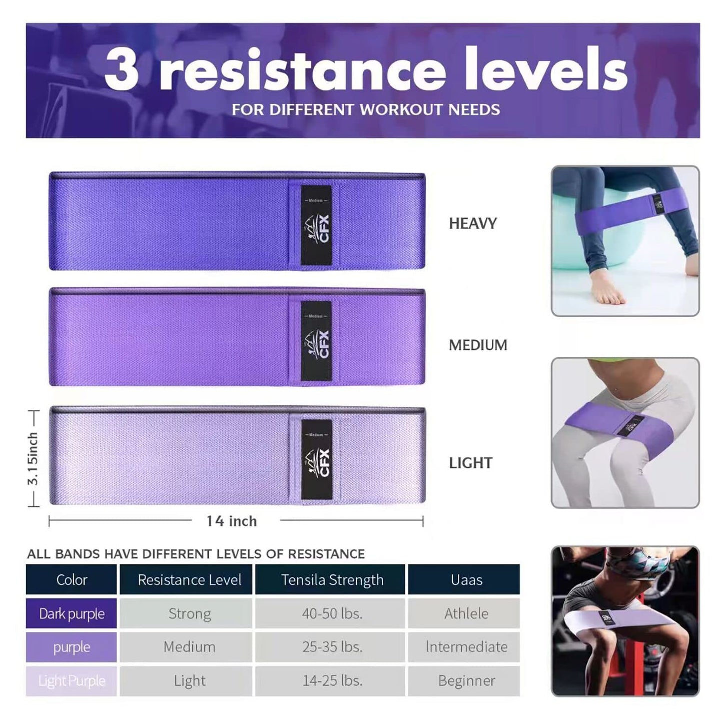 CFX Resistance Bands Set, Exercise Bands with Non-Slip Design for Hips & Glutes, 3 Levels Workout Bands for Women and Men, Booty Bands for Home Fitness, Yoga, Pilates