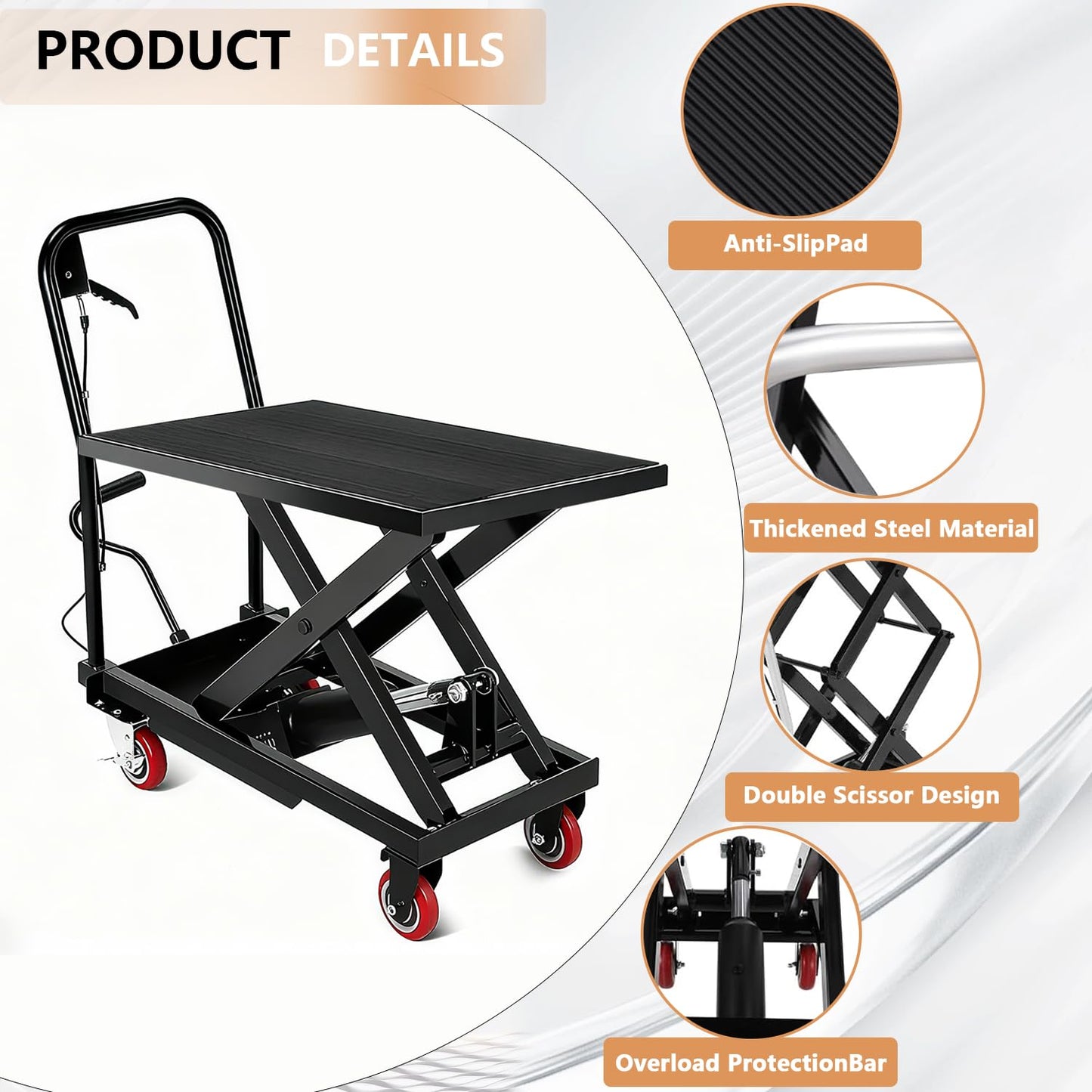 Hydraulic Lift Table, 330 Lbs Capacity, 28.4" Lifting Height, Single Scissor Lift Table Cart with 4 Wheels and Non-Slip Pad, Manual Hydraulic Lifting Cart (Black-330-Single)