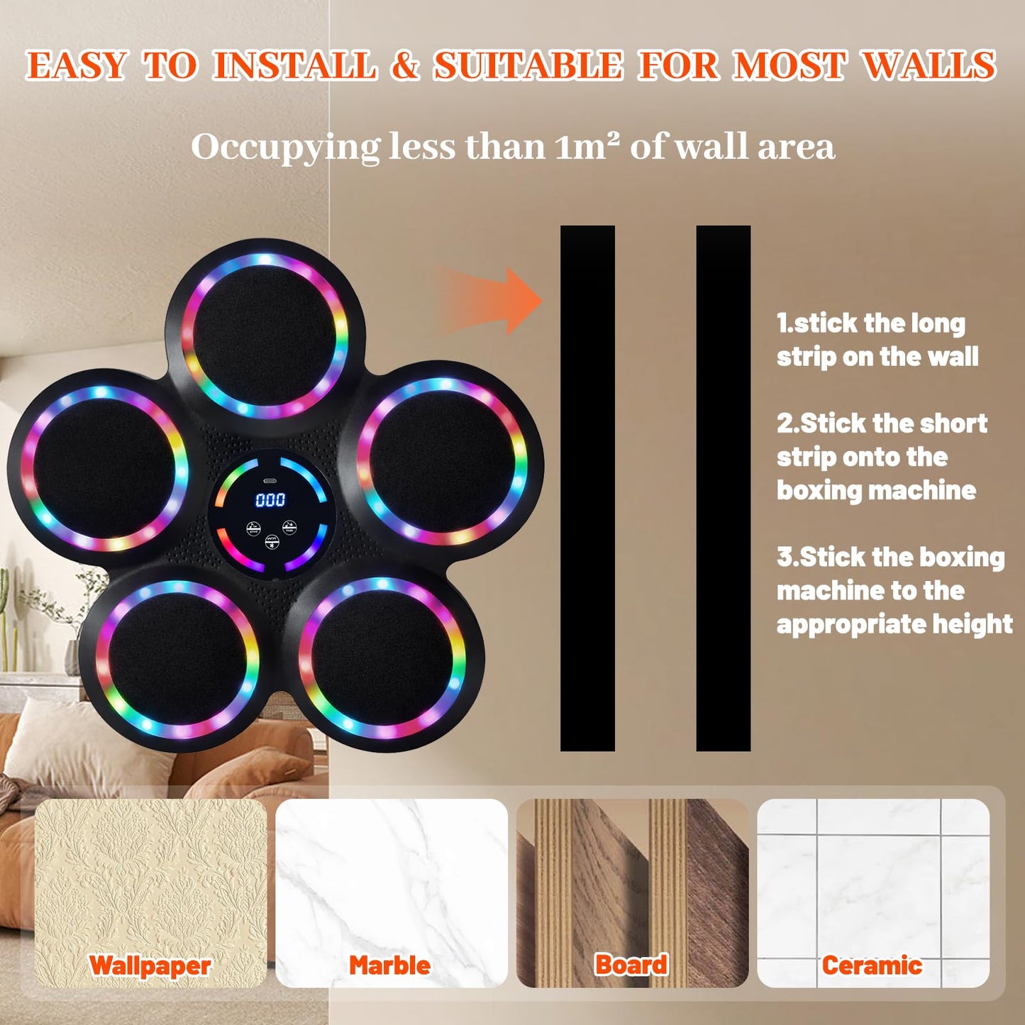 Music Boxing Machine, Smart Wall Mounted Music Punching Machine for Adults, Interactive Boxing Training Equipment with Gloves for Home, Office and Gym (RGB Light)