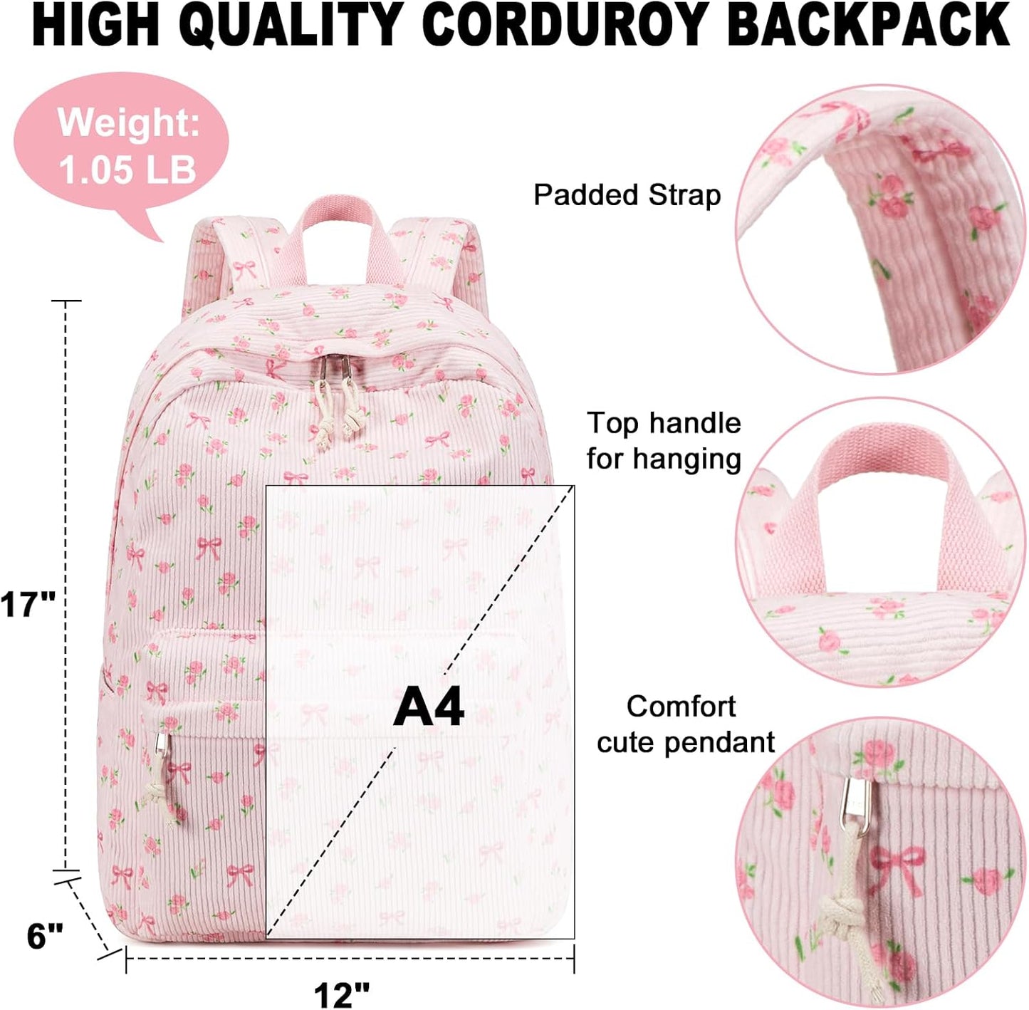 Backpack 17 inch Floral-1) BTOOP School for Girls Teens Large Corduroy Bookbag Lightweight Casual High School College