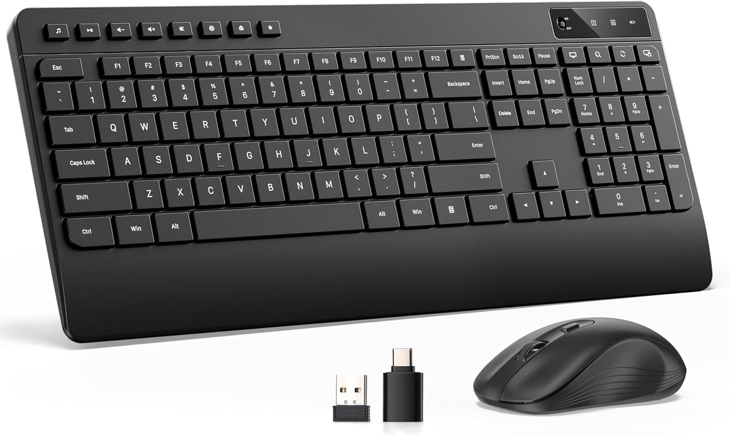 Hamile 3-Level 2.4GHz Quiet Wireless Keyboard and Mouse Combo DPI Silent Mouse, Full-Size Ergonomic Wrist Rest