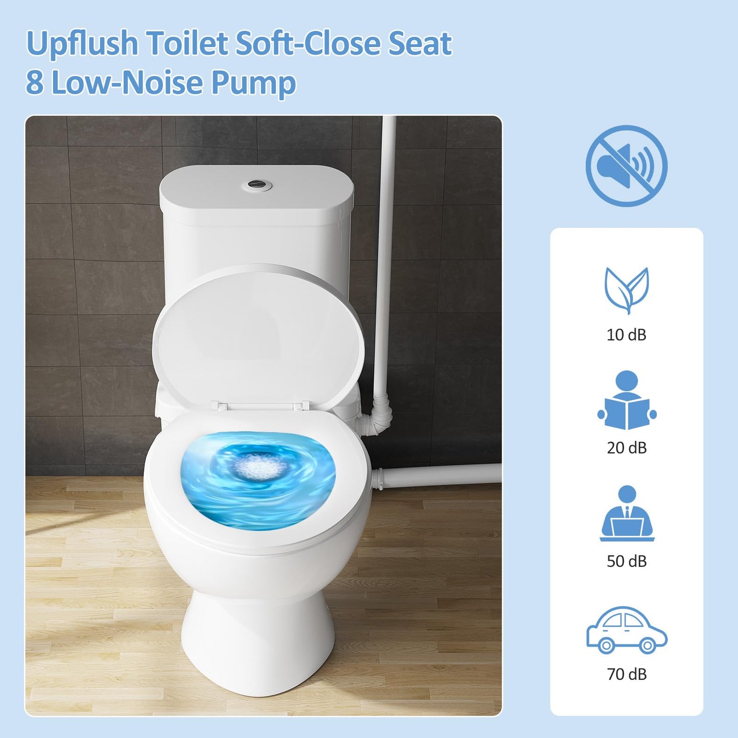 Simple Project Macerating Toilet System with 4-Inlet, Upflush Toilet for Basement, Powerful 1.6GPF Flush & Quiet 500W Macerator Pump System, Durable Pump, Extension Pipe - Easy Install, Space Saving