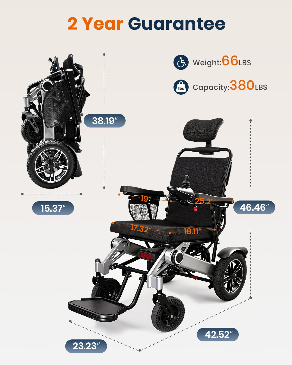 Electric Wheelchairs for Adults, Reclining Motorized Wheelchair with Tail Lights & 380LBS Capacity, 500W All-Terrain Foldable Electric Wheelchair Lightweight for Seniors with 19in Wide Seat, 15Miles