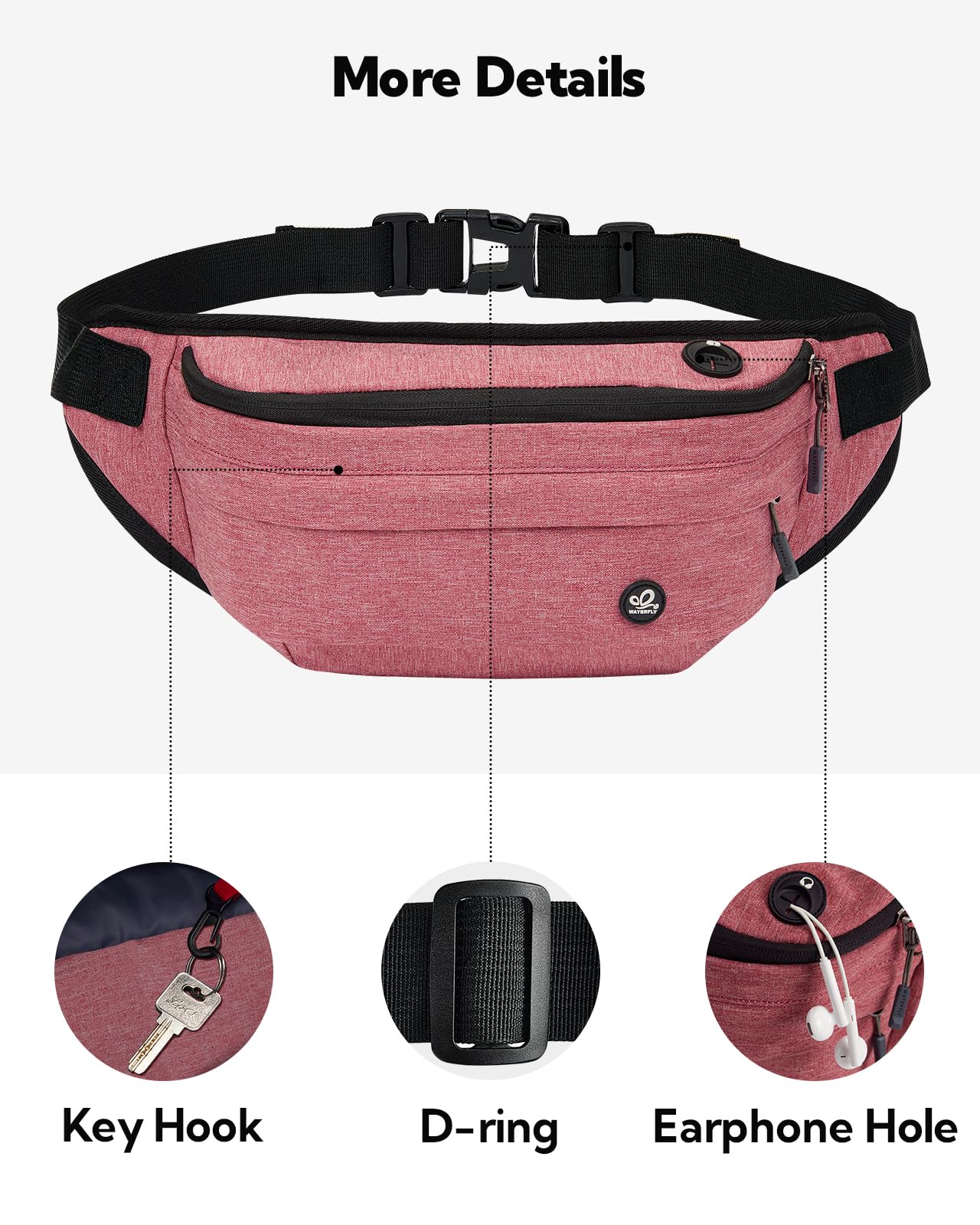 WATERFLY Fanny Pack for Men Women Water Resistant Large Hiking Waist Bag Pack for Running Walking Traveling (Light Red),16.5 x 4.3 x 6 inches,ONJ05