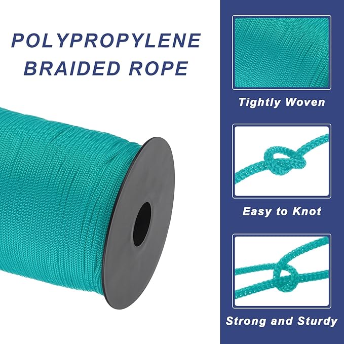 MECCANIXITY 1/8 Inch Polypropylene Rope Braided Ropes, 328ft Nylon Rope Hollow Utility Cord for Clothesline, Camping, Hiking, Outdoor, Peacock Green