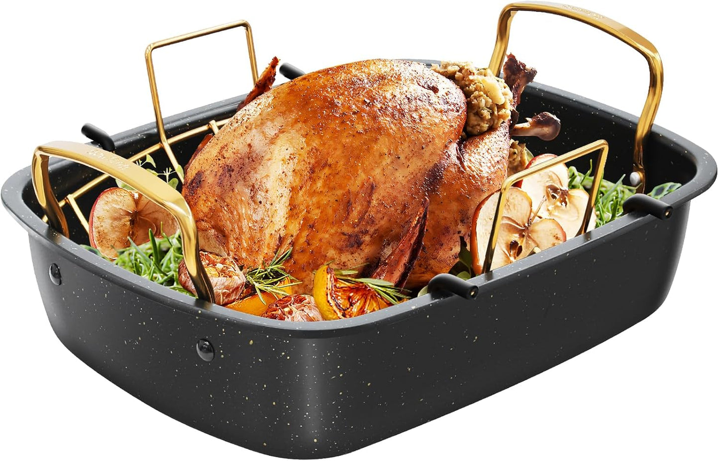 Roasting Pan - 17 Inch x 13 Inch Nonstick Roaster with Removable Rack for Turkey & Vegetables | Gold