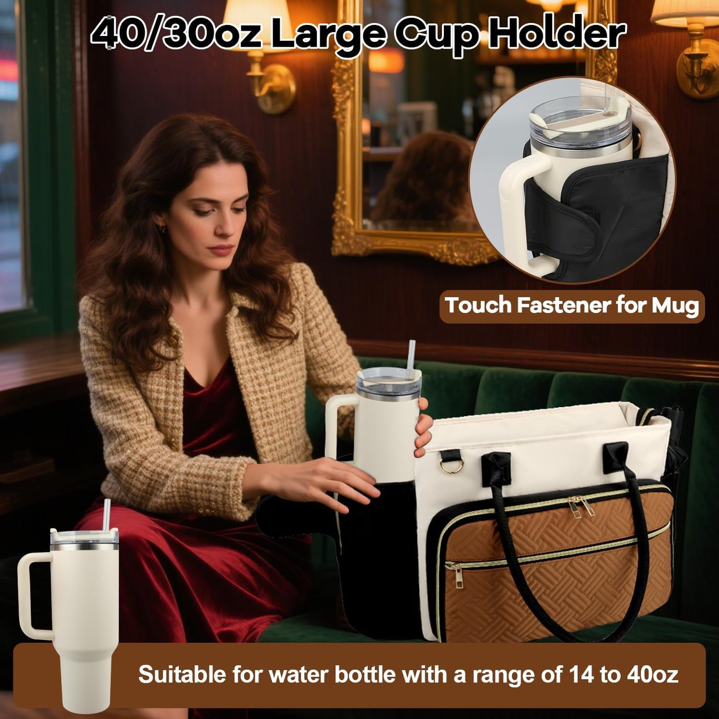 15.6 Inch Teacher Tote Bag for Women with Large Cup Holder& Laptop Compartment, Utility Work Tote Bag with Internal