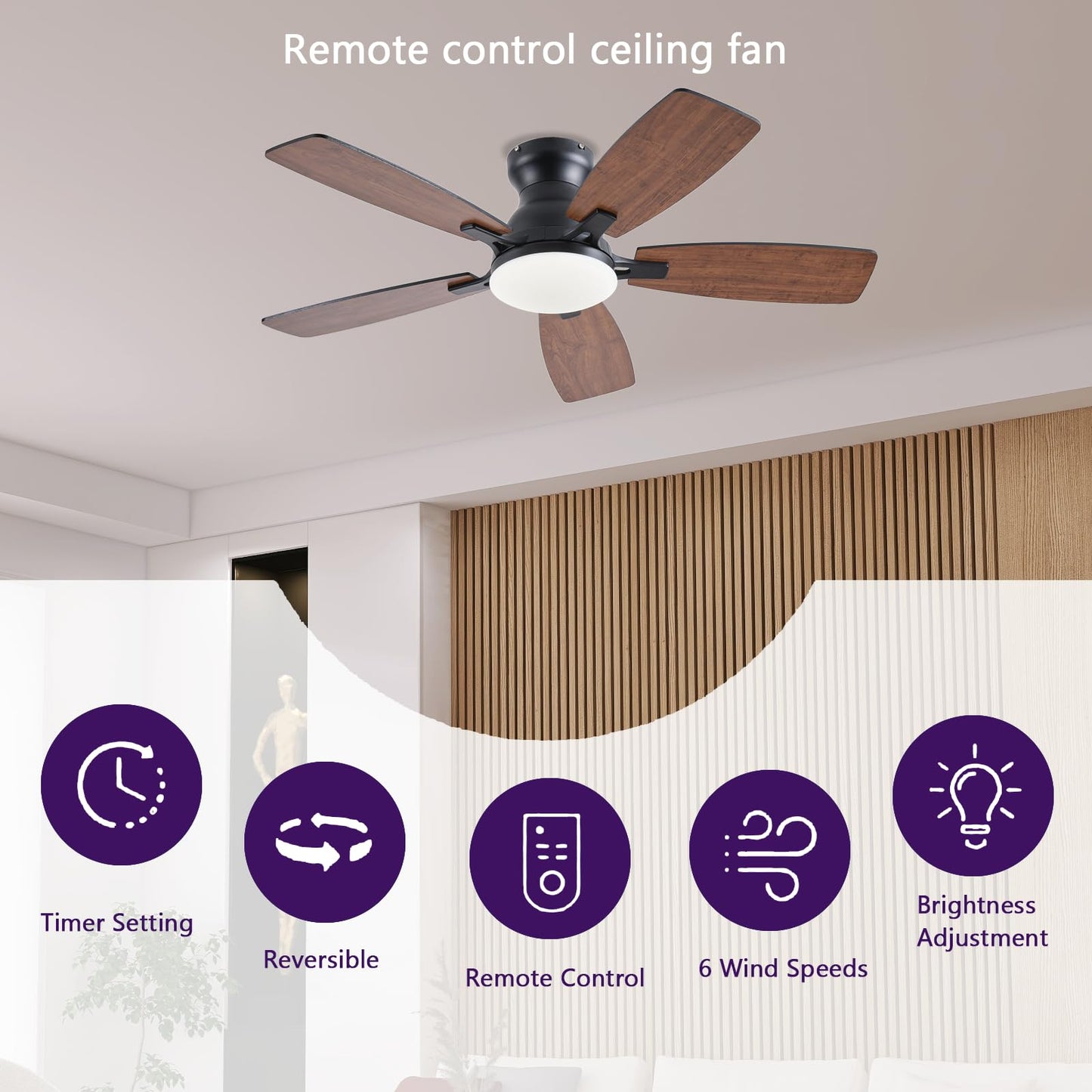 NKPU Ceiling Fans with Lights, Low Profile Ceiling Fan with Light and Remote/APP Control, DC Motor, Noiseless, Flush Mount, 42inch Brown Ceiling Fan for Bedroom Indoor/Outdoor Use