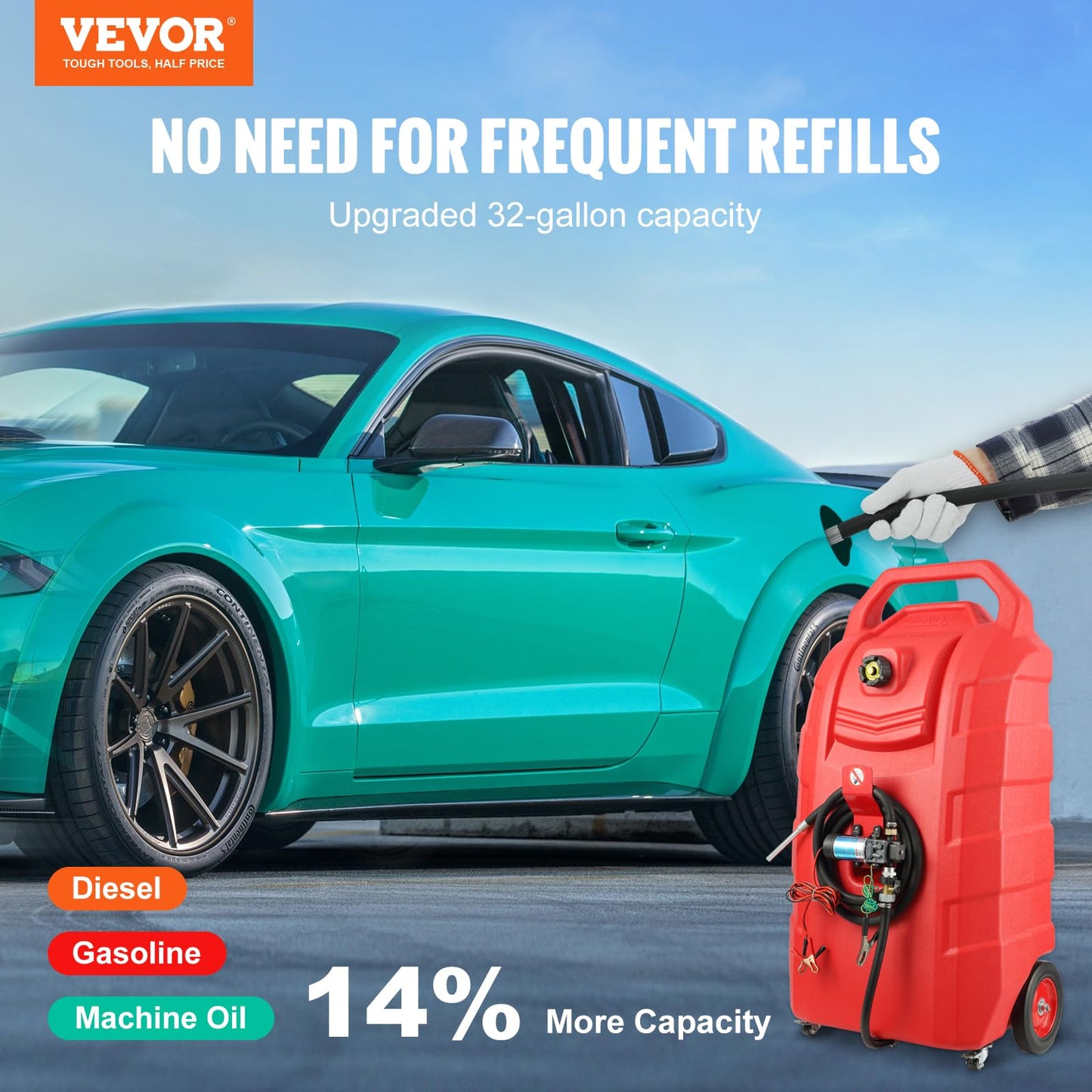VEVOR Fuel Caddy, 32 Gallon, Fuel Transfer Caddy Tank On-Wheels, with 12V DC Transfer Pump, Gasoline Diesel Fuel Caddy with 8.2 ft Hose, Flow Rate 7L/min, for Trucks, Boats, Lawn Mowers