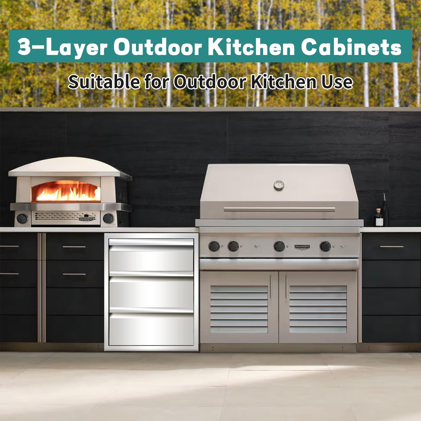 Outdoor Kitchen Drawers 14" W x 21" H x 23" D Stainless Steel Drawer BBQ Triple Drawers with Hidden Handle for Outdoor Kitchen Island, Patio Grill Station