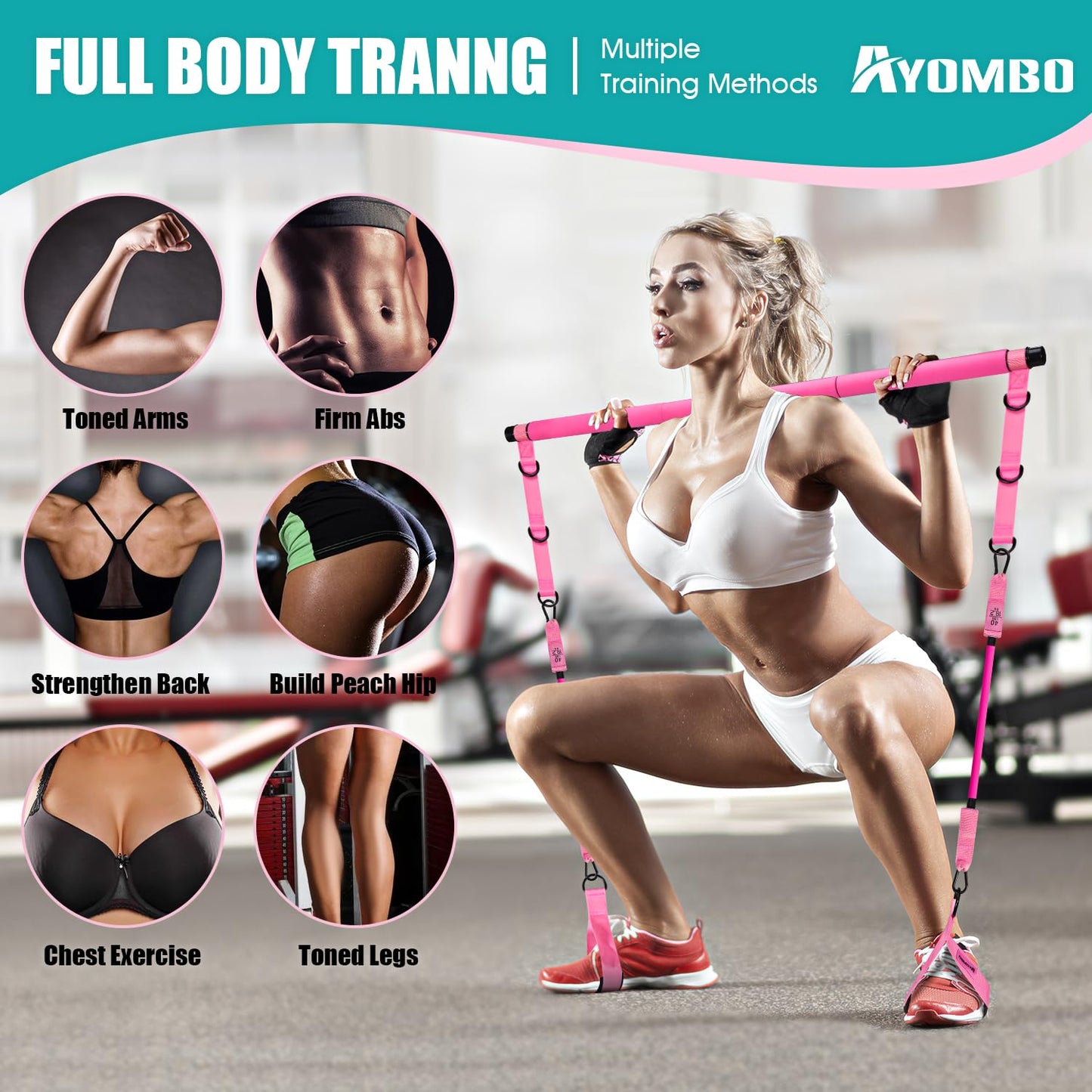 Ayombo Pilates Bar Kit with Resistance Bands, Adjustable Pilates Equipment for Legs, Hip, Waist, Arm, Squats Exercise Equipment for Home Gym Workouts, 3-Section Pilates Bar Kit for Women & Men
