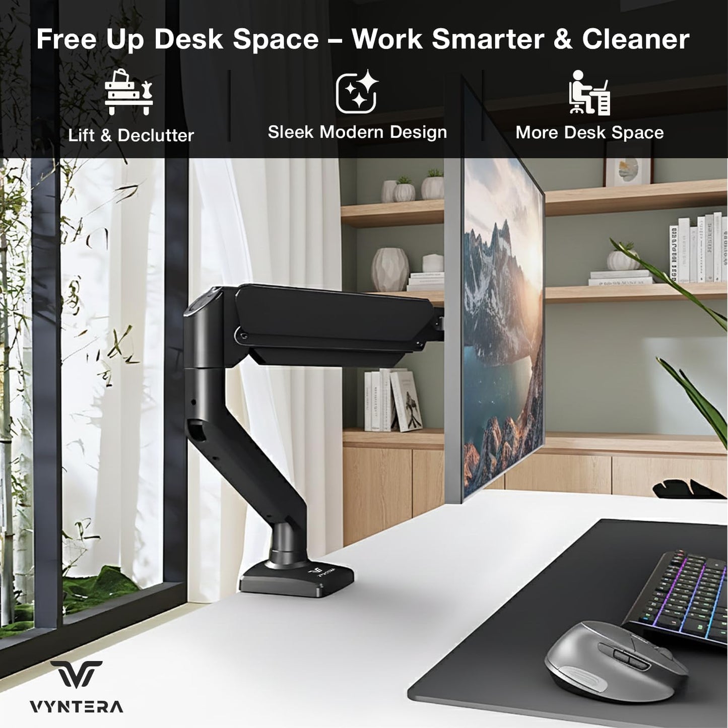 VYNTERA 1334 Setup Single Monitor Arm Desk Mount Adjustable Gas Spring Monitor Stand for Screens, Full Motion Swivel