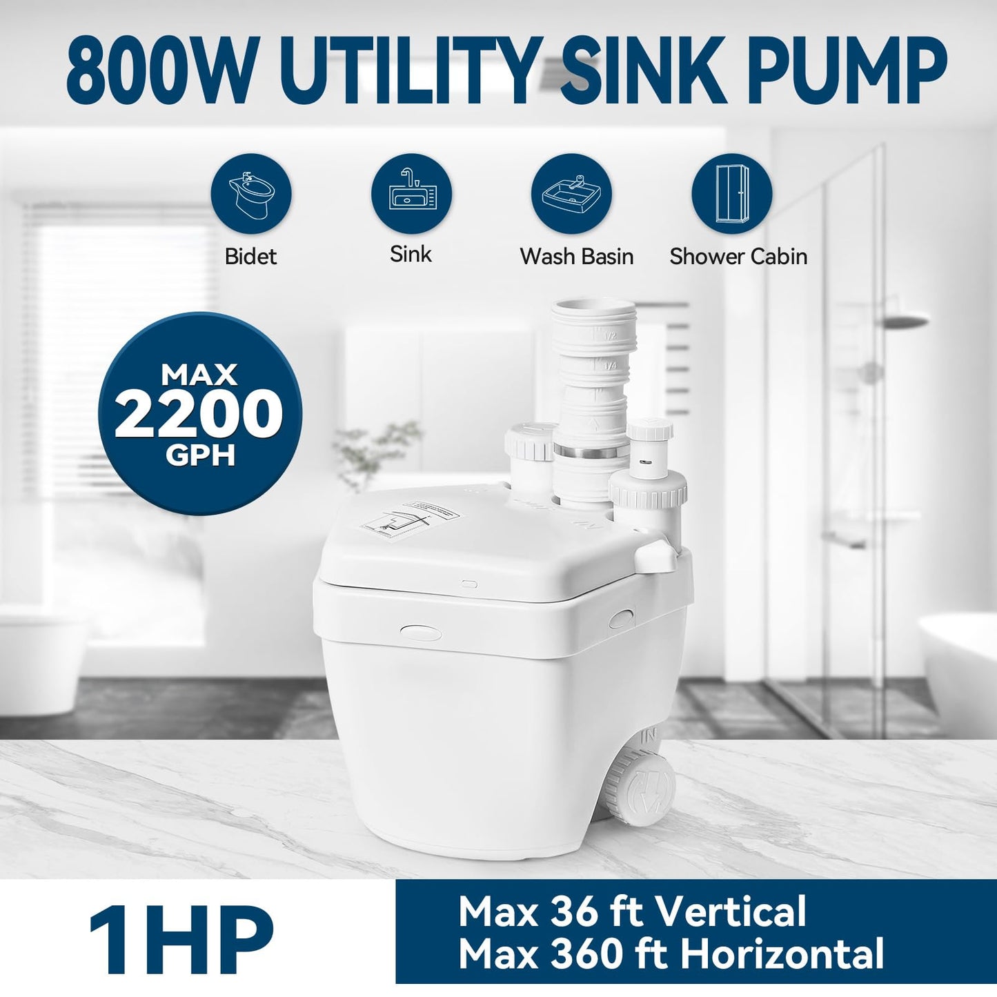 Upgraded 1 HP Utility Sink Pump with PCB Function Upflush to 36FT 2200GPH Under Sink Pump with 3 Water Inlets 1 Outlets Macerating Toilet System for Sink Shower Wash Bin Urinal Kitchen Basement