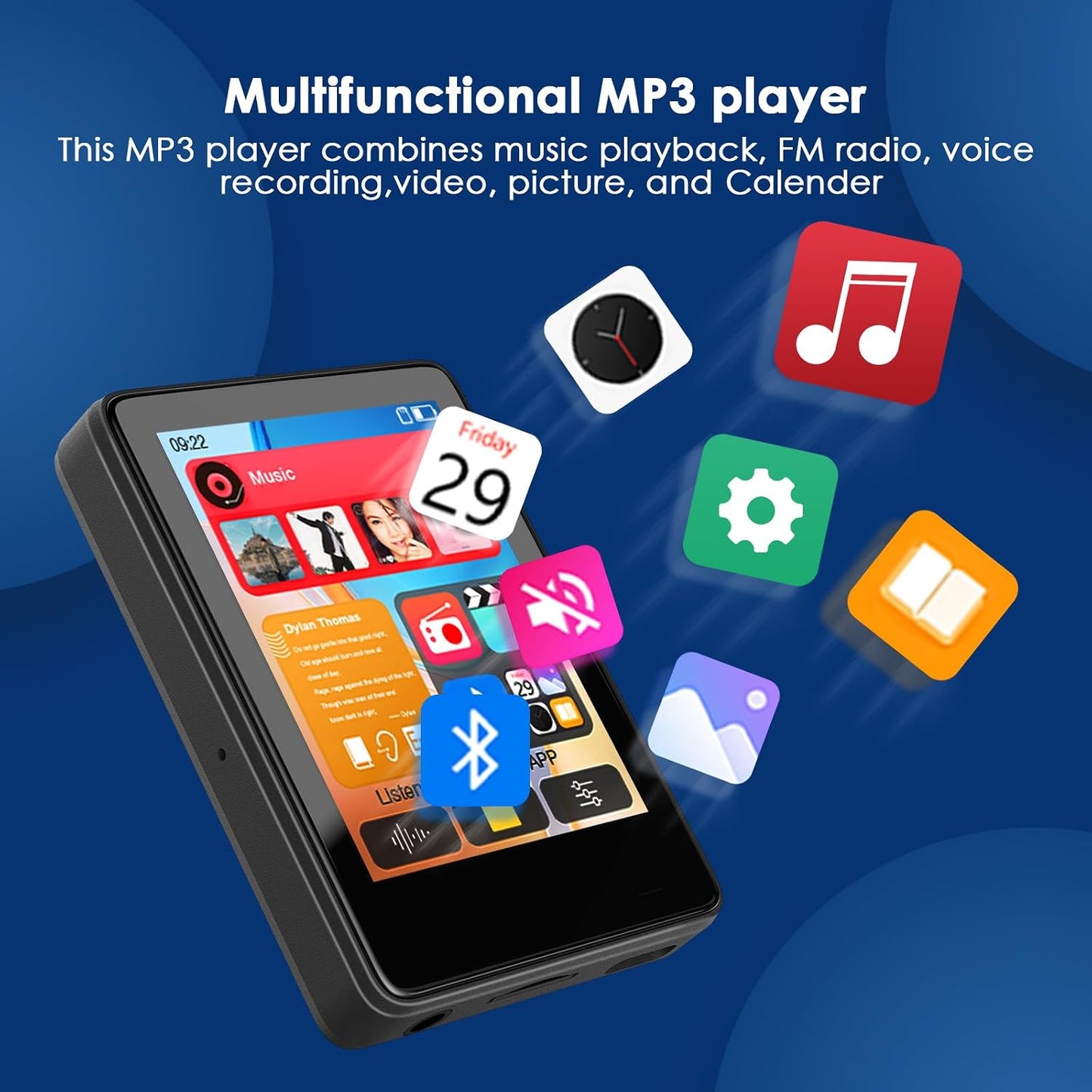 freeout 64GB MP3 MP3 Player with Bluetooth, Music Player with Built-in HD Speaker, Player for Kids, FM Radio, Voice