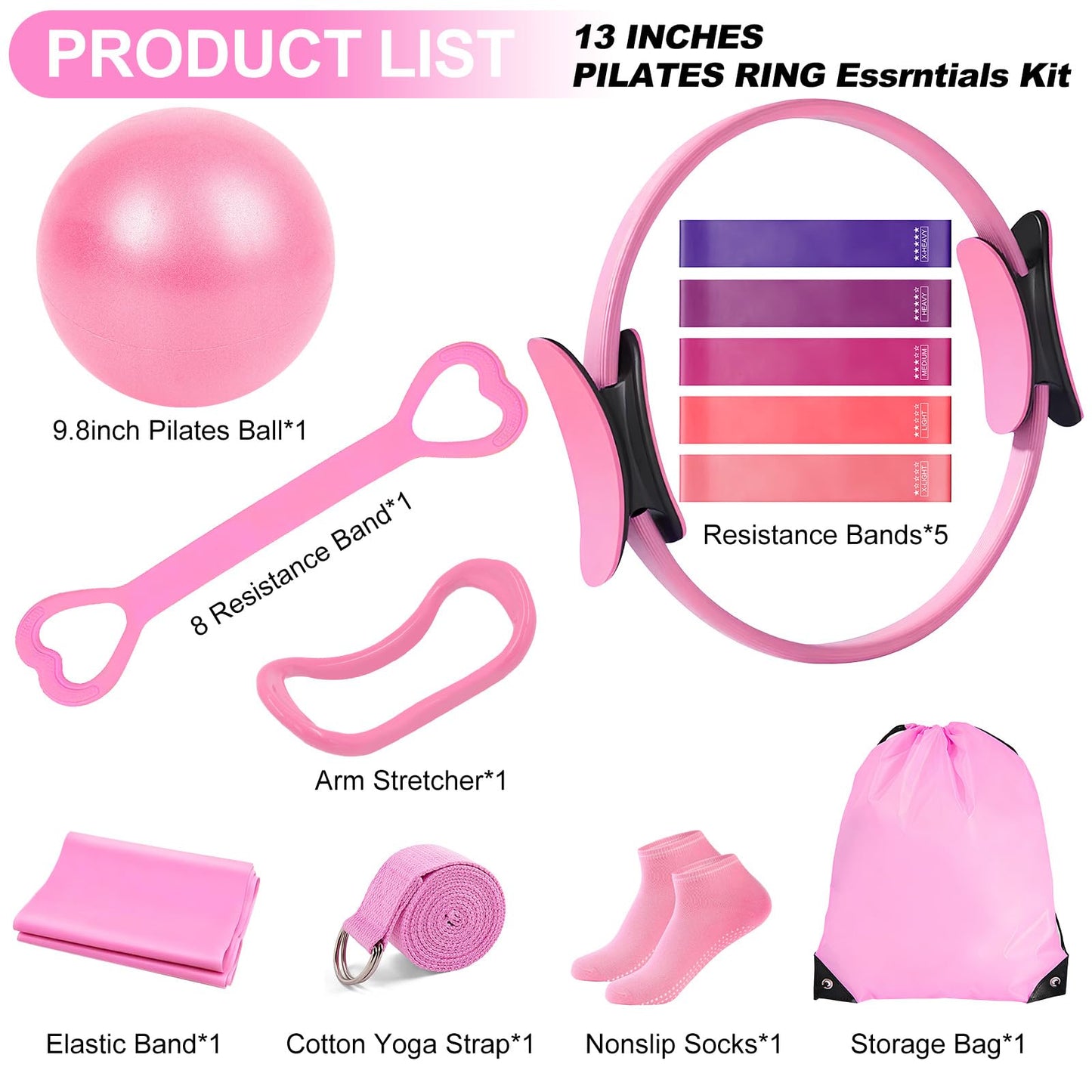 Janhemei Pilates Kit for Women, Pilates Equipment with 13'' Magic Circle, Pilates Ring and Ball Set with 5 Strength Bands, Hip Thrust Belt, Compact Workout Set at Home