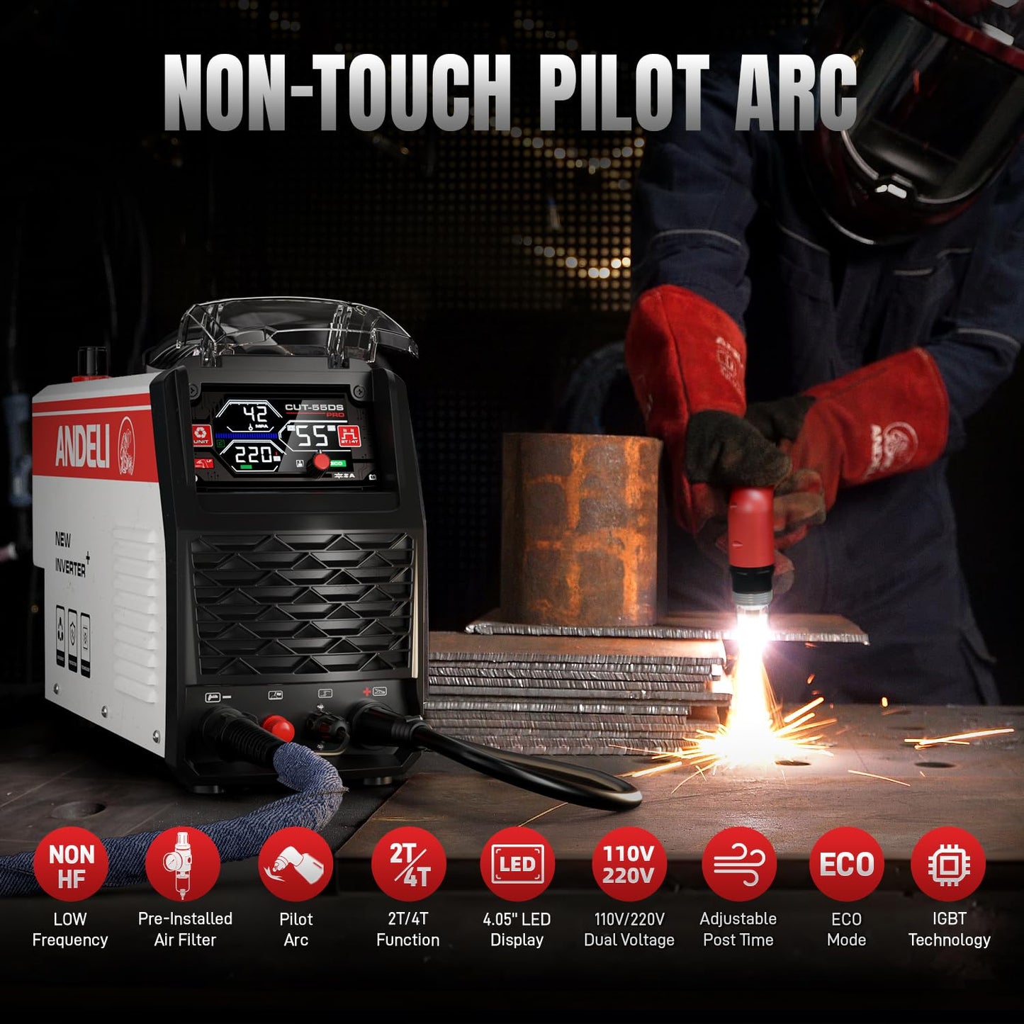 ANDELI Plasma Cutter 55A,Non-HF Non-Touch Pilot Arc，1'' Max Cut, 4-in-1 Plate Cutting/Grid Cutting/Gouging/Marking，Upgraded LED Display,Post Flow/2T/4T,110/220V IGBT Inverter for Home, Workshop