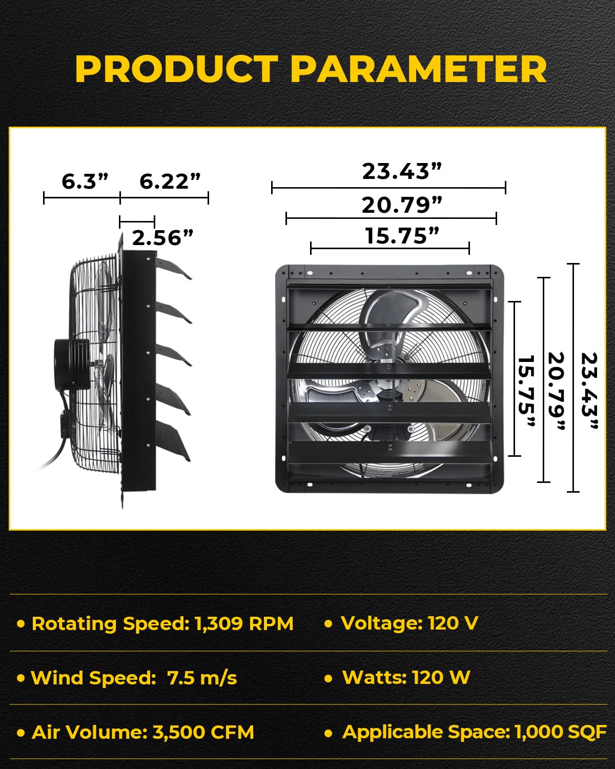 VENTISOL 20 Inch Shutter Exhaust Fan Wall Mounted, 3500CFM Exhaust Fan with Pre-Installed 1.65m Power Cord, Ventilation fan for Greenhouse, Garages, Attic, Shops, Chicken Coop, Black