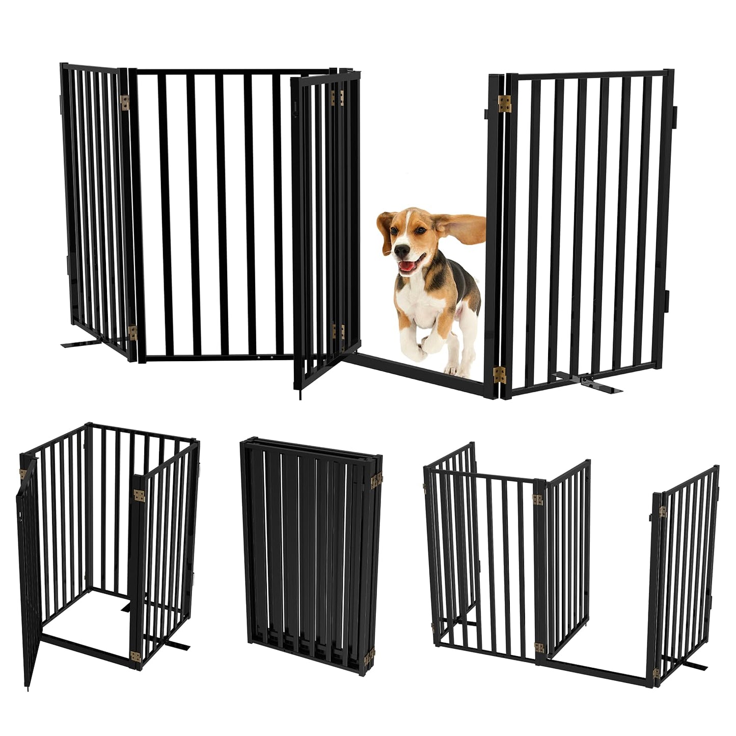 Lezbanz Full Metal Freestanding Dog Gates with Door, 32" Height Dog Fences for Indoor & Outdoor, Extra Wide Foldable Pet Gates for Stairs, Hallways, Doorways, Yard (4 Panels, 80" W × 32" H)