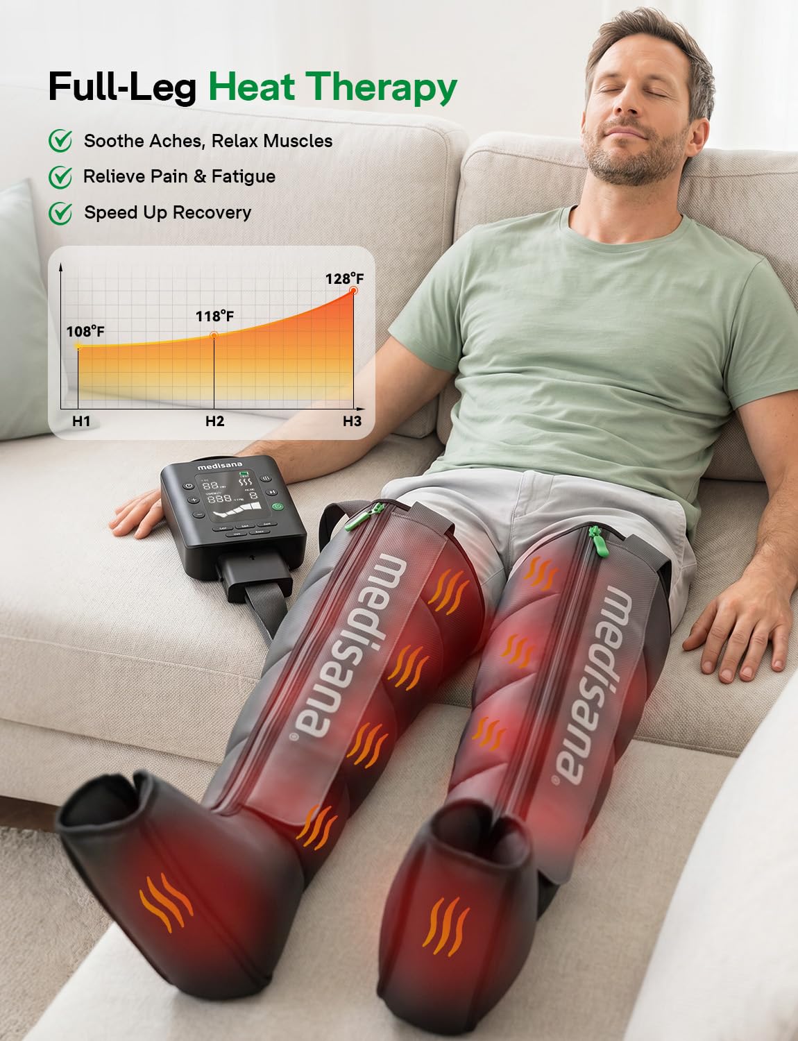 Medisana Leg Massager with Heat and Compression, Leg Massager for Circulation and Pain Relief, Compression Boots with 5 Modes & 3 Heat Levels for Edema Relief, Gifts for Mom, Dad, Him, Her