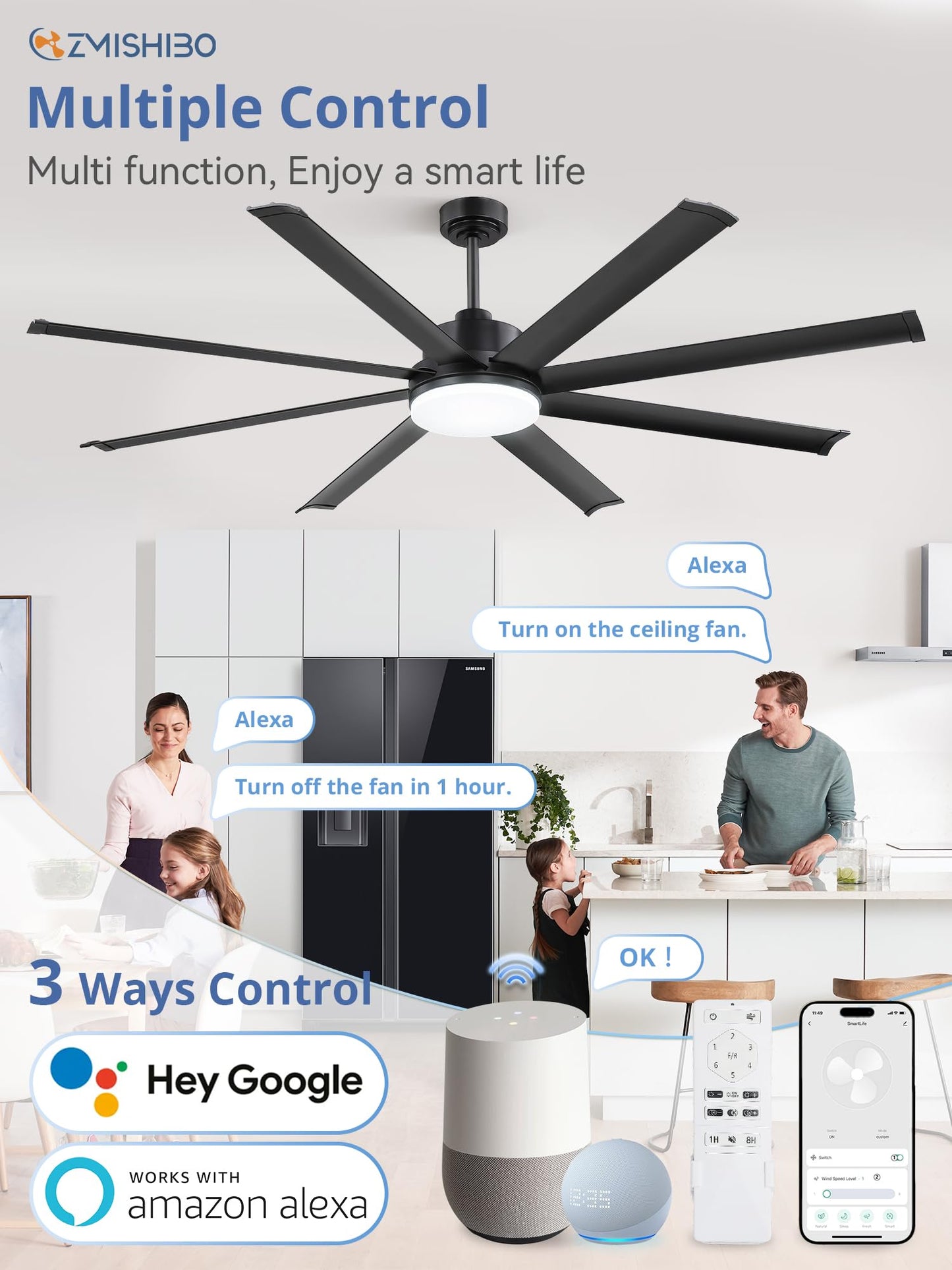 ZMISHIBO 72 Inch Ceiling Fan with Light, Large Industrial Ceiling Fan with Modern 8 Black Aluminum Blades, 3000-6000K Dimmable, 6 Speeds, Smart Fan Light Compatible with Alexa for Patio Living Room