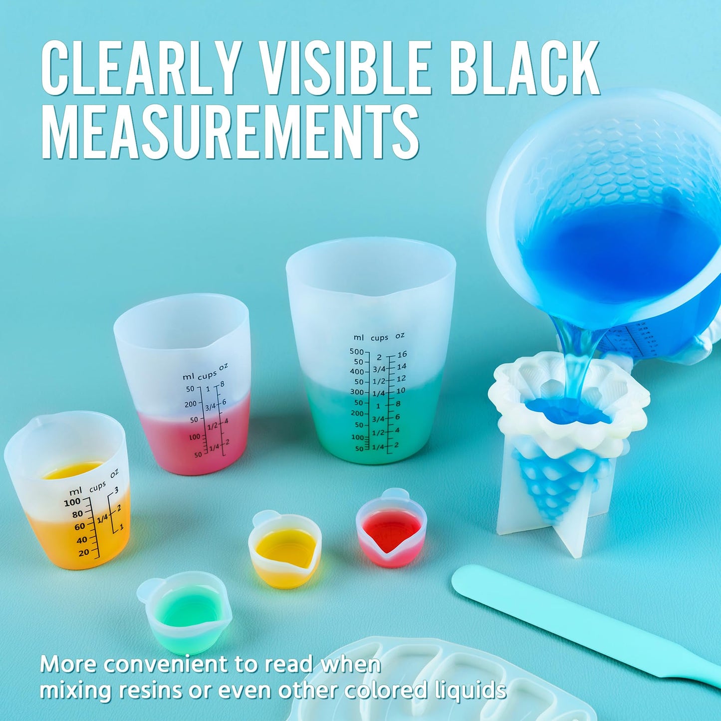 SWIGRANCE Silicone Resin Mixing 1L Measuring Cup Set for Resin Supplies, Easy-to-Read Marks, 1000ml/32oz Large Cup, 500&250&100ml Thickened Reusable Silicone Cups for Epoxy Mixing, Jewelry Making