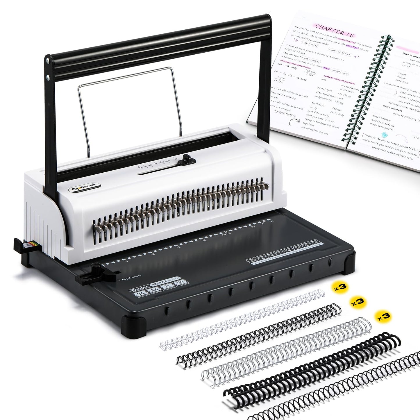 CGOLDENWALL Wire Binding Machine, Wire-O Binder, 3:1 Pitch 34 Holes, with 11 Coils Included, Punch 20 Sheets Bind 140 Sheets, Adjustable Pins Margins (Square Hole)
