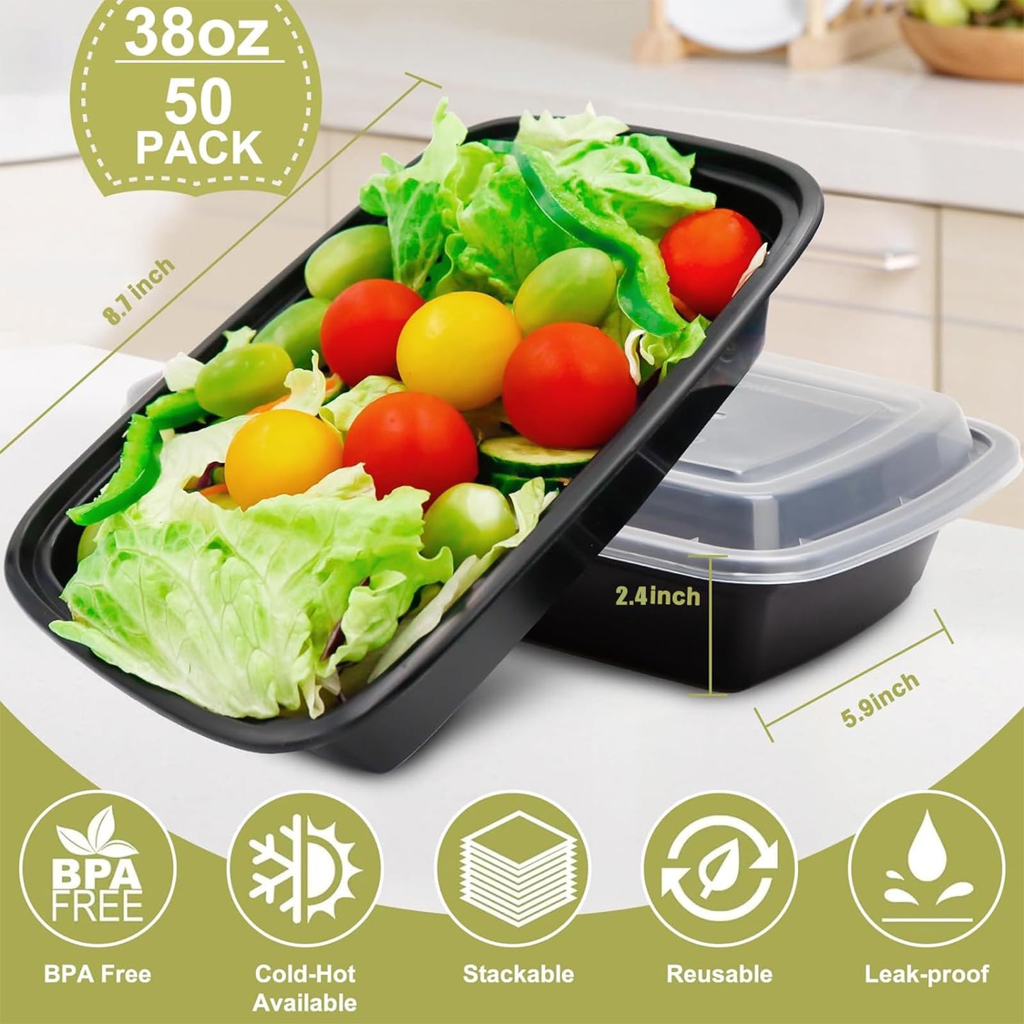 kkyvvy Meal Prep Containers 38oz 50 Pack Plastic To Go Food Containers, Disposable To Go Containers with Lids BPA Free, Microwave/Dishwasher/Freezer Safe