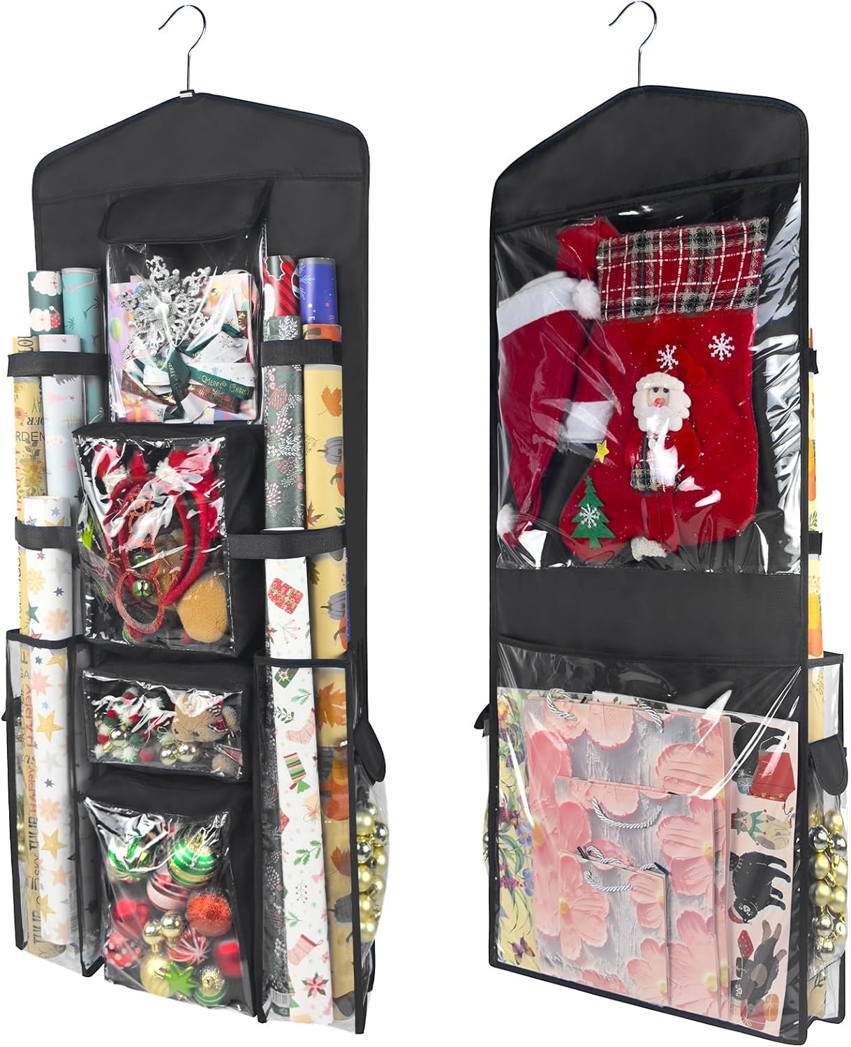 Wrapping Paper Organizer - Double-Sided Hanging Gift Wrap Storage with Pockets & Straps | Black