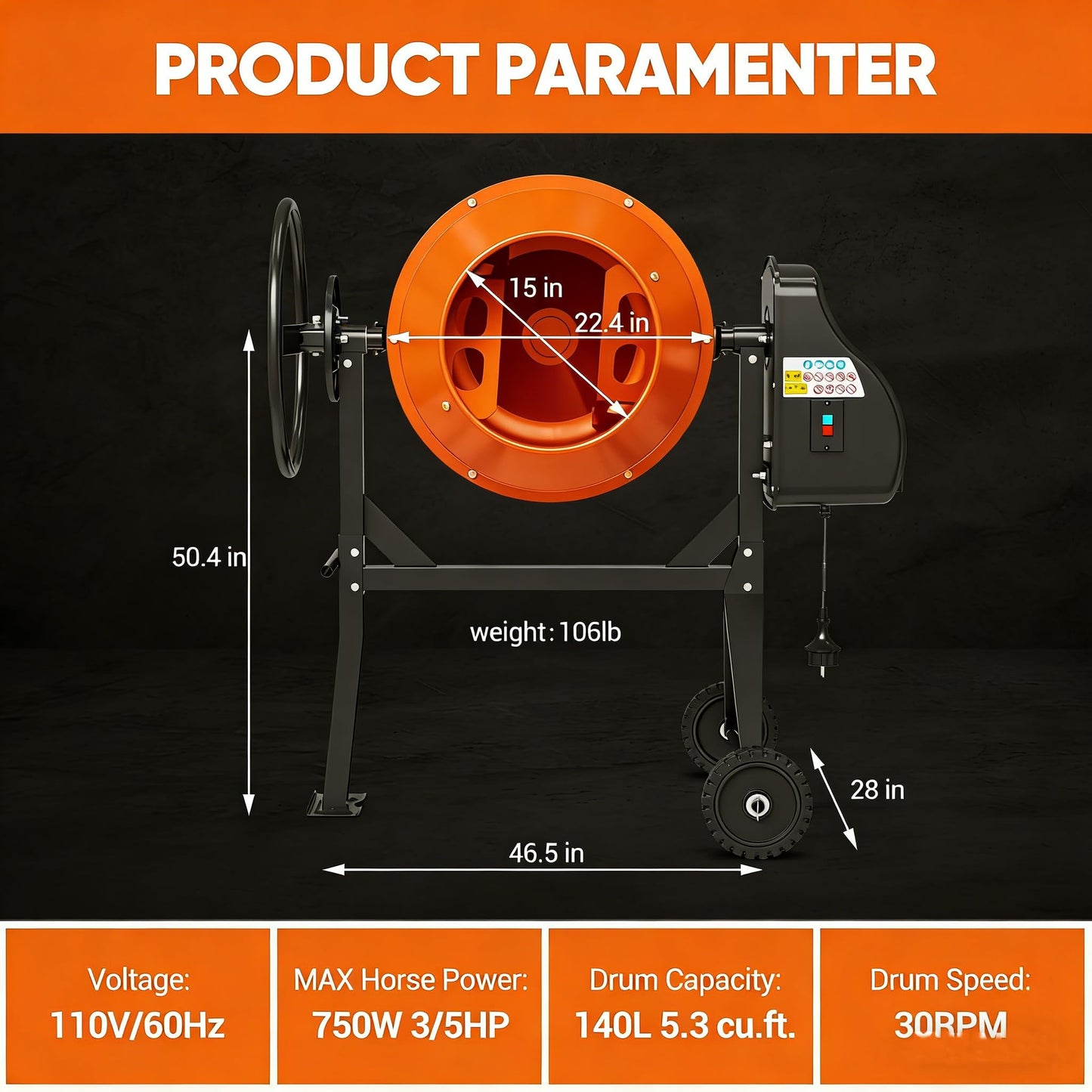 SILVEL Concrete Mixer Machine 5.3 Cu.Ft. – Rated 550W (Max 750W 1HP) Heavy Duty Portable Industrial Cement Mixing Machine with Wheel & Stand for Stucco, Mortar, Seeds, Amber