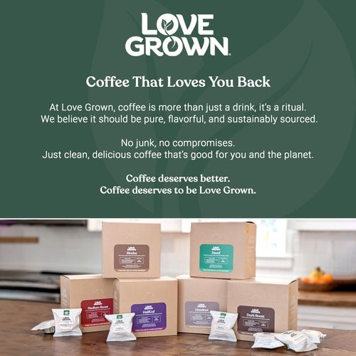 Love Grown Plastic-Free Coffee Pods, 100% Arabica Single-Serve Cups, Compostable, Non-GMO - Compatible with Keurig Coffee Pods Machines and K-Cup Brewers, Dark Roast Flavor, Box of 15